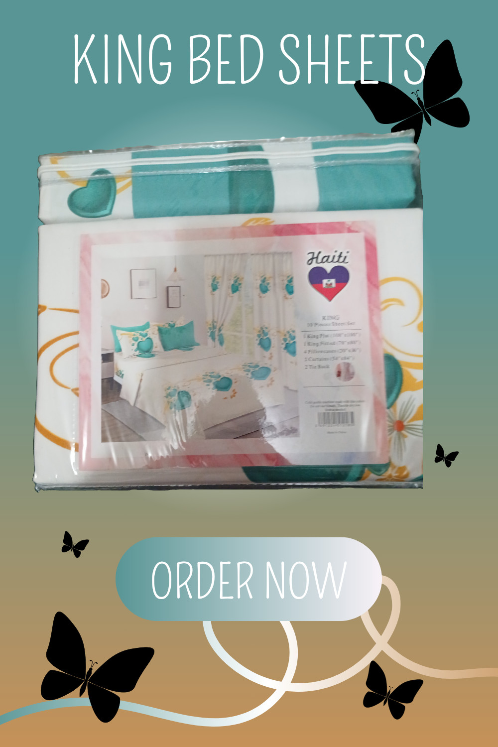 Teal & White King size 10-piece sheet set with curtains. Brand new