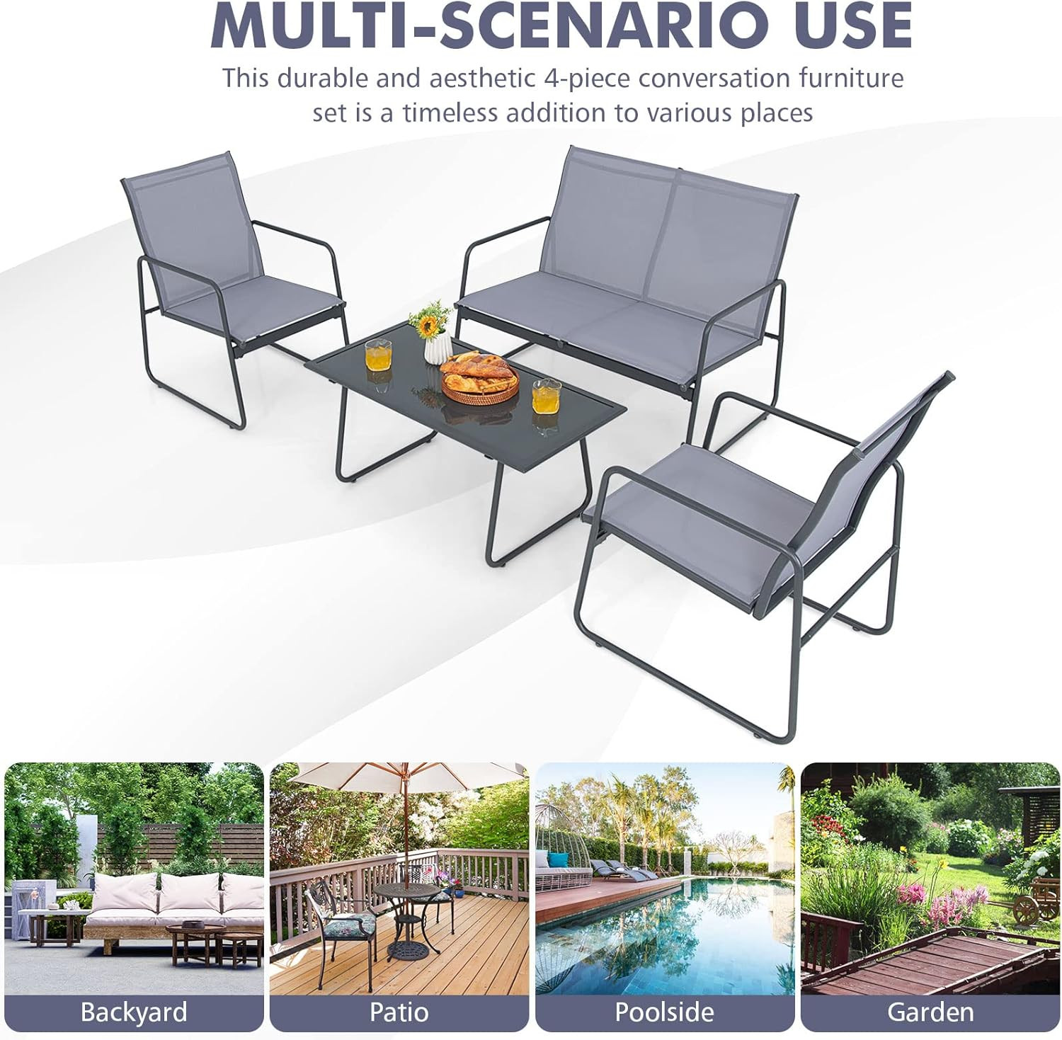 4 Pieces Patio Furniture Set, Outdoor Conversation Set with Tempered Glass Coffe