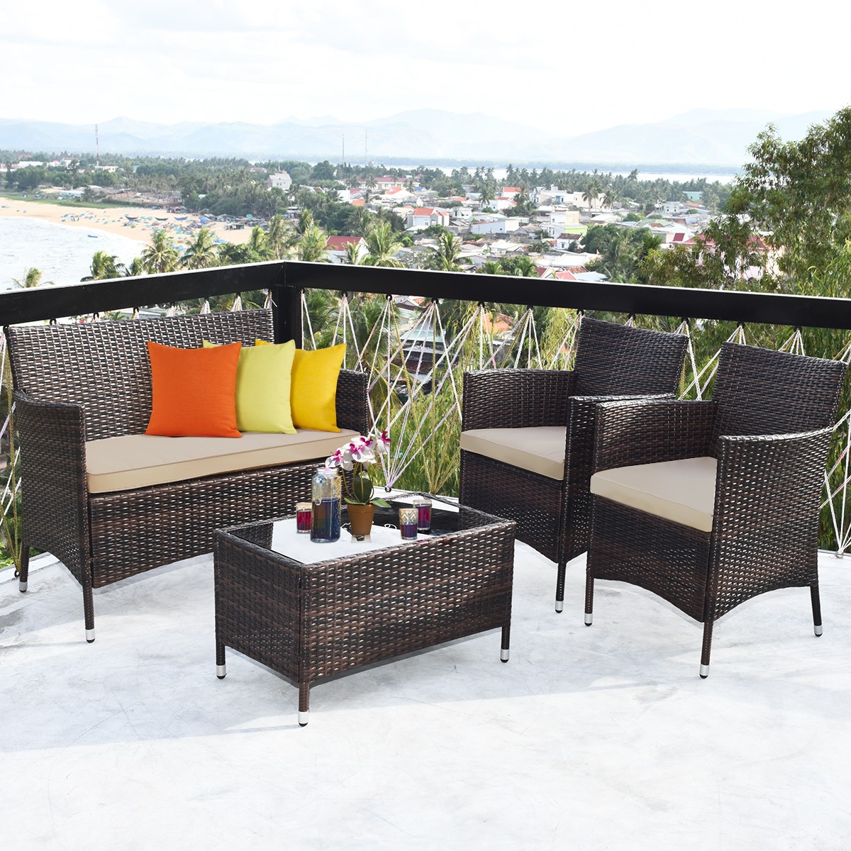 Topbuy 4 PCS Patio Rattan Wicker Furniture Set Outdoor with Cushions