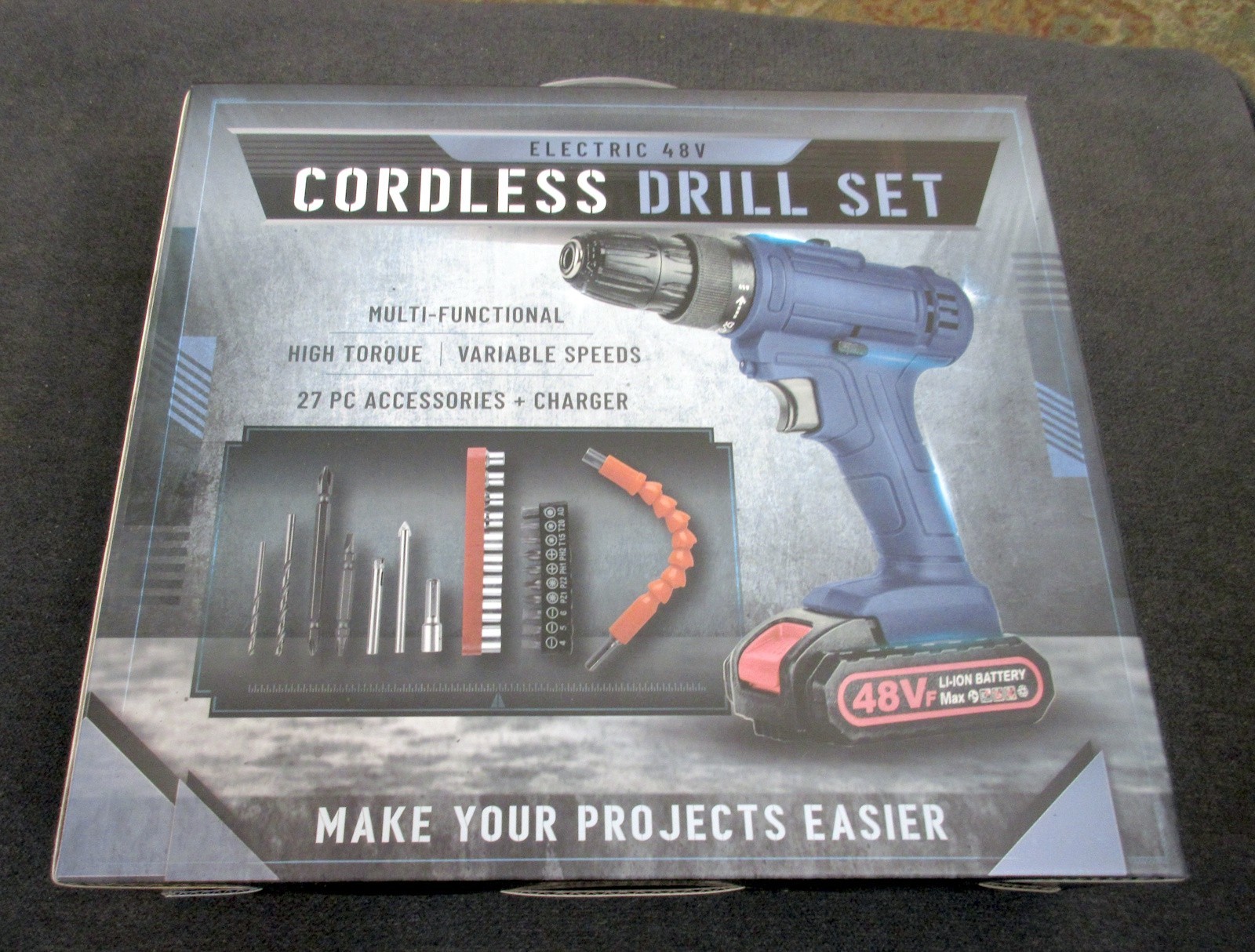48V Cordless Drill Electric Screwdriver 27 pcs, Light, Battery - NEW     dxd