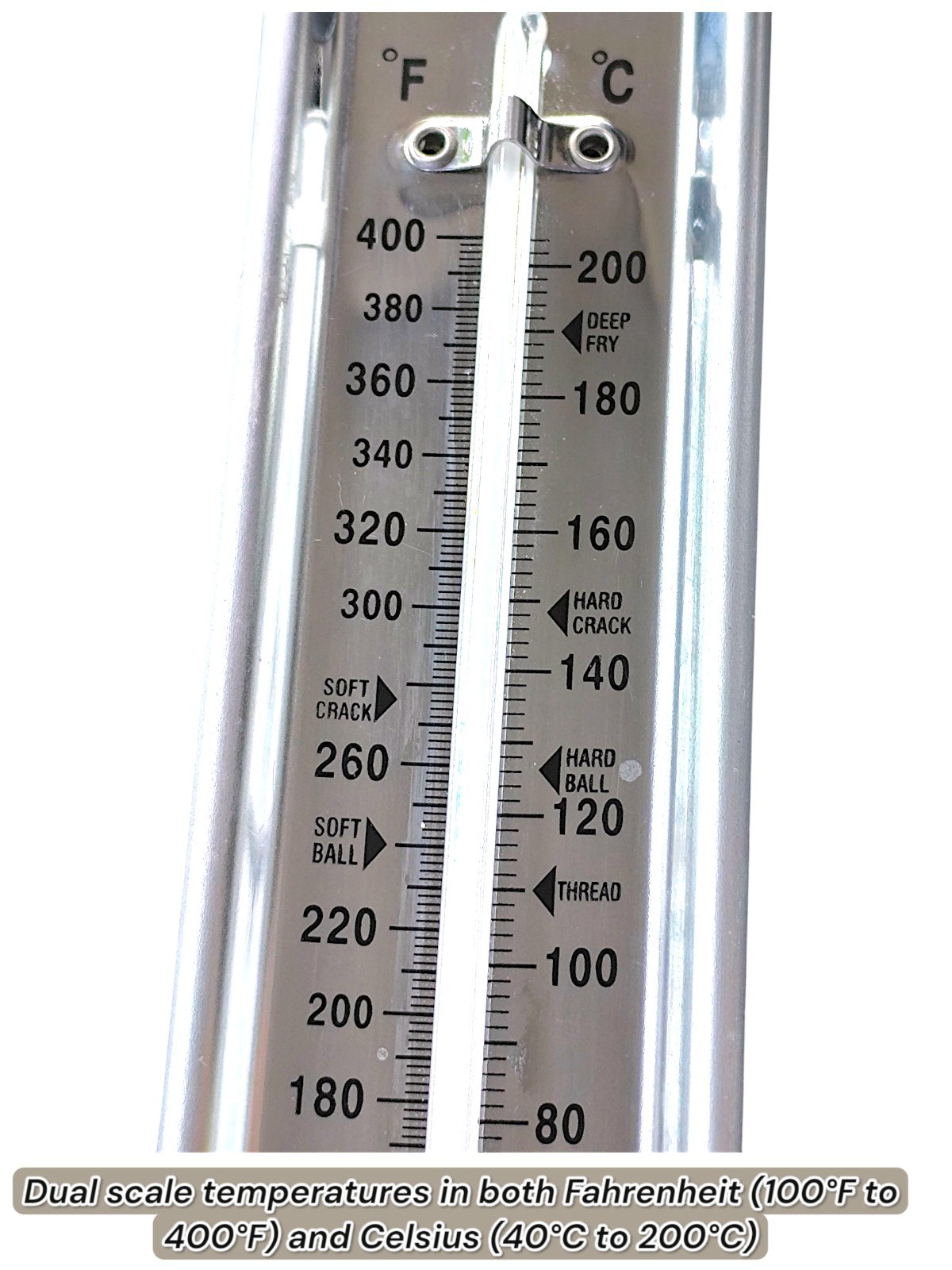 Candy deepfry thermometer. dual scale temperatures in both Fahrenheit (100°F to