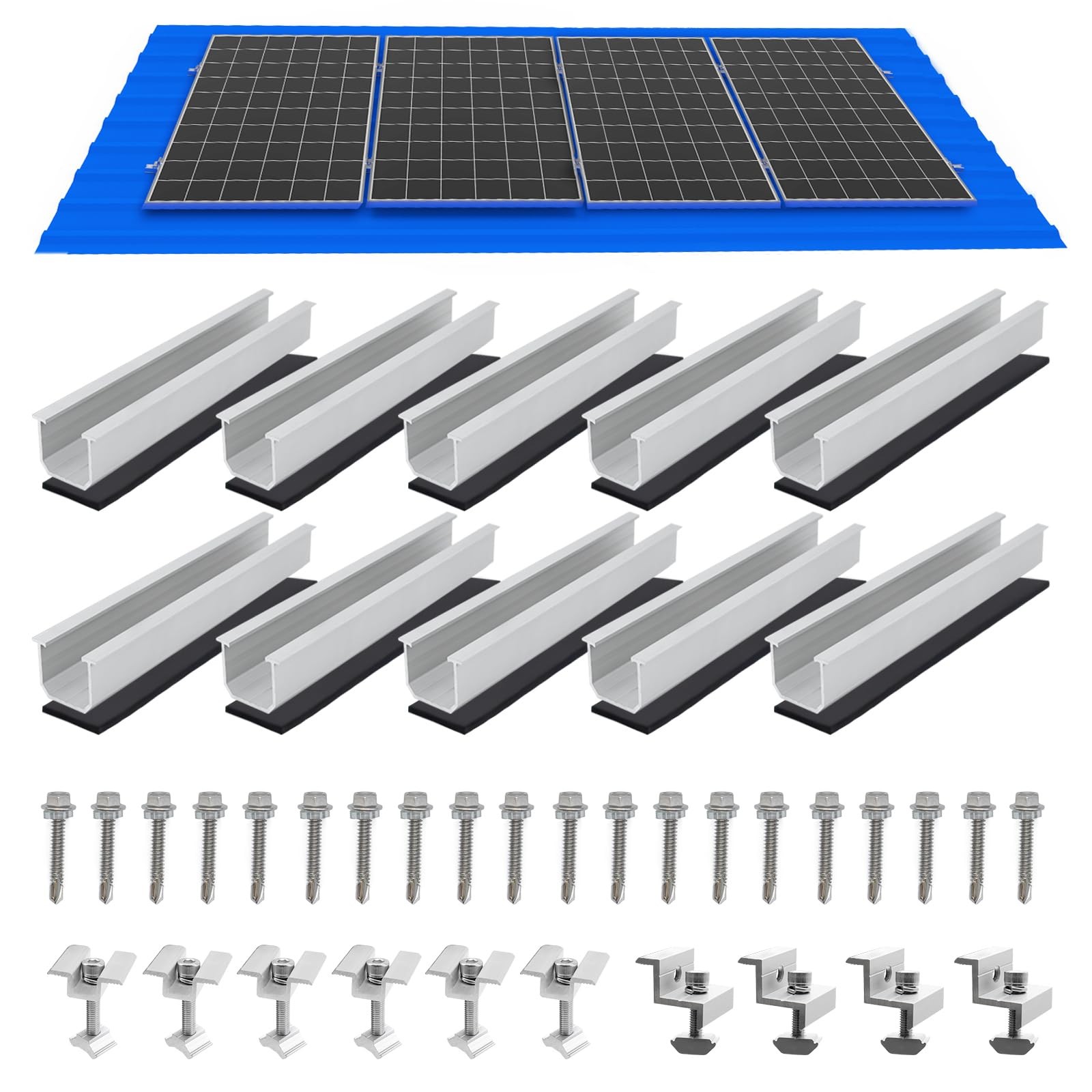 Solar Panel Mounting Brackets, Roof Mount Kit, Rails and 4pc-panel, Silver