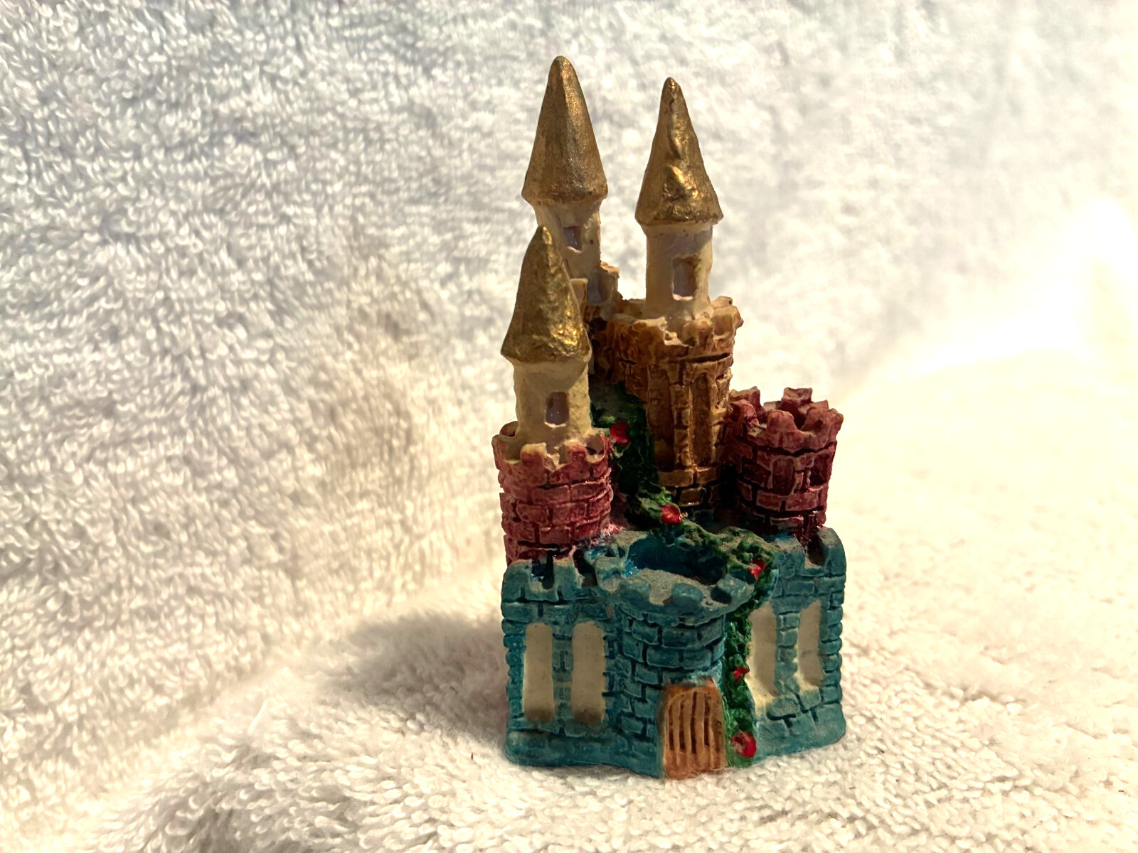 Russ Berrie #5120 Castle Figurine Turquoise Pink  Brown Gold 3 1/4" T x 1 3/4"