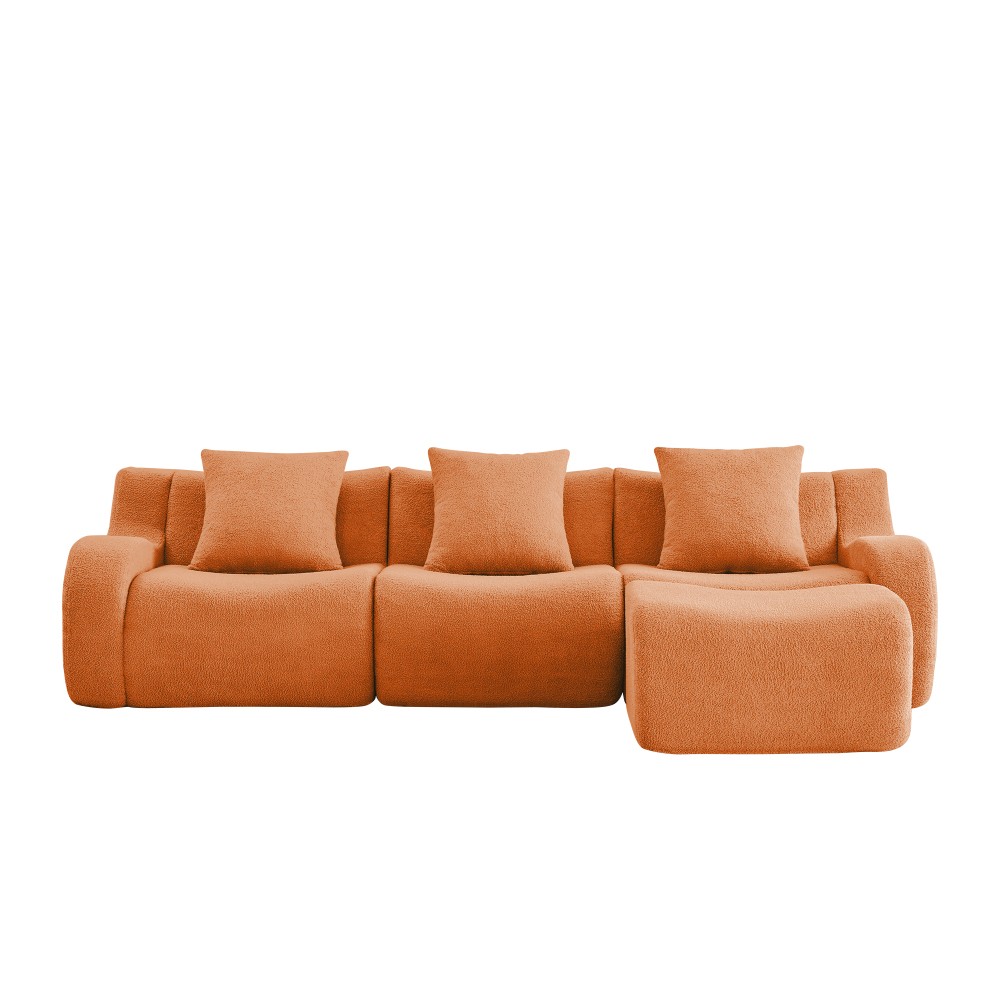 3-Seat Sofa w/ Teddy Fabric, Anti-Slip Base & Curved Armrests - Orange