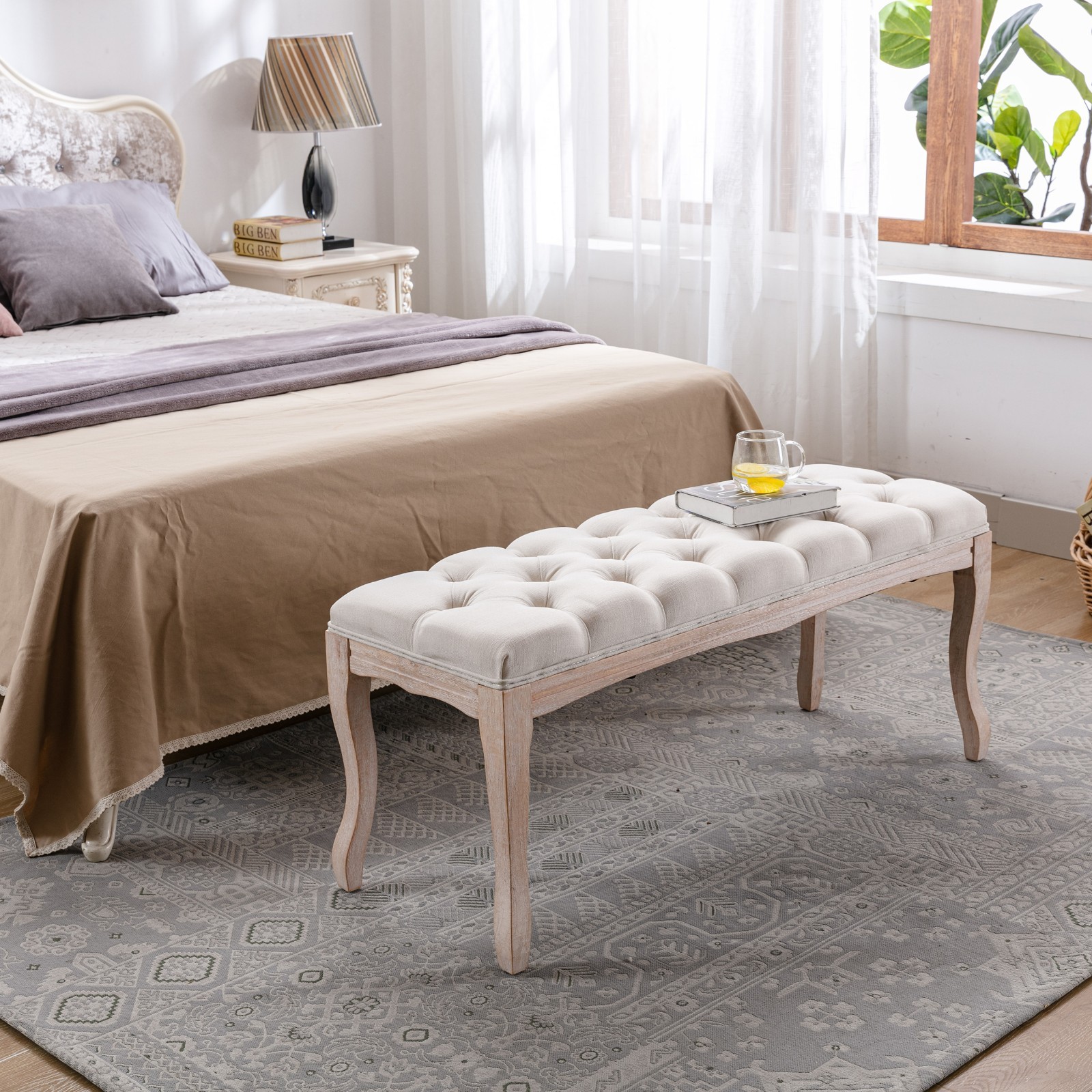 43.3" French Vintage Tufted End of Bed Bench Carved Upholstered Linen Ottoman