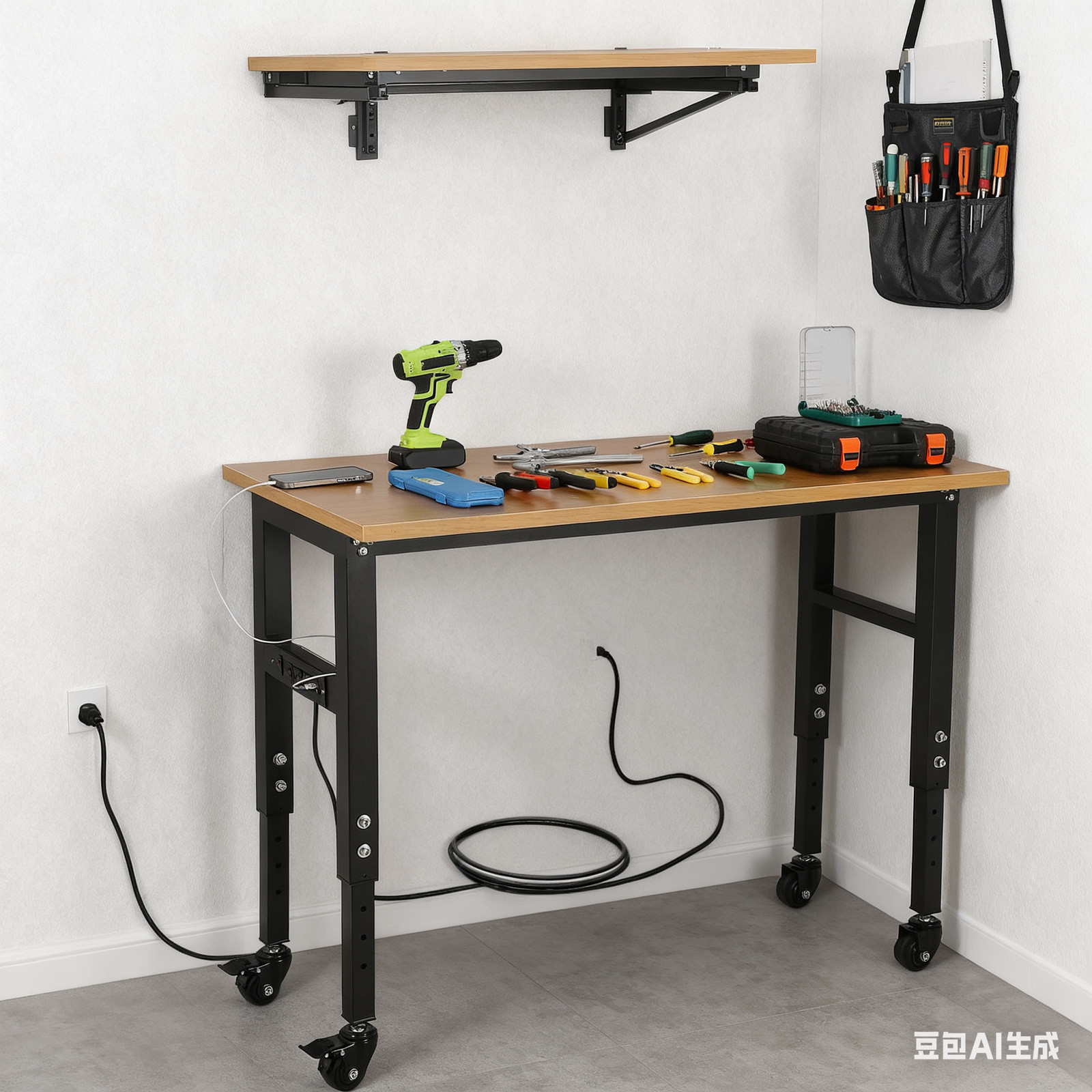 Heavy Duty Adjustable Garage Workbench 48" Table Power Outlet Tool Bench