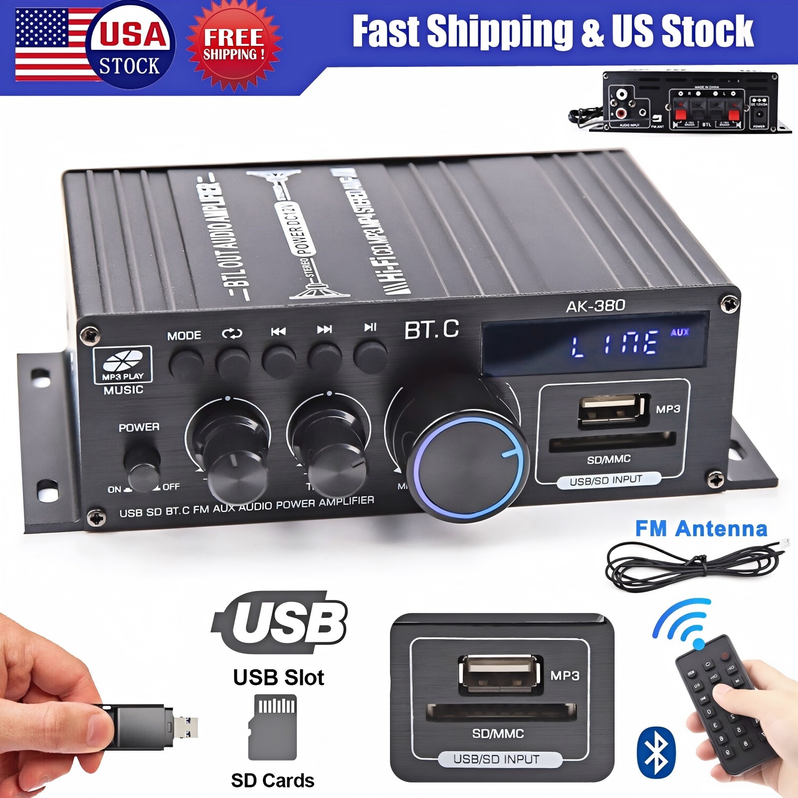 800W 2 Channel bluetooth Mini HIFI Power Amplifier Audio Stereo Amp Home Car FM
