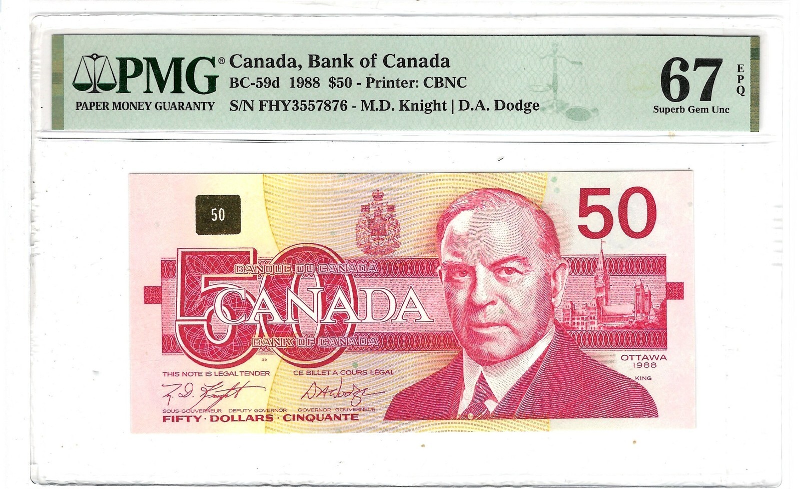 Canada $50 Dollars Banknote 1988 BC-59d  PMG  67 EPQ