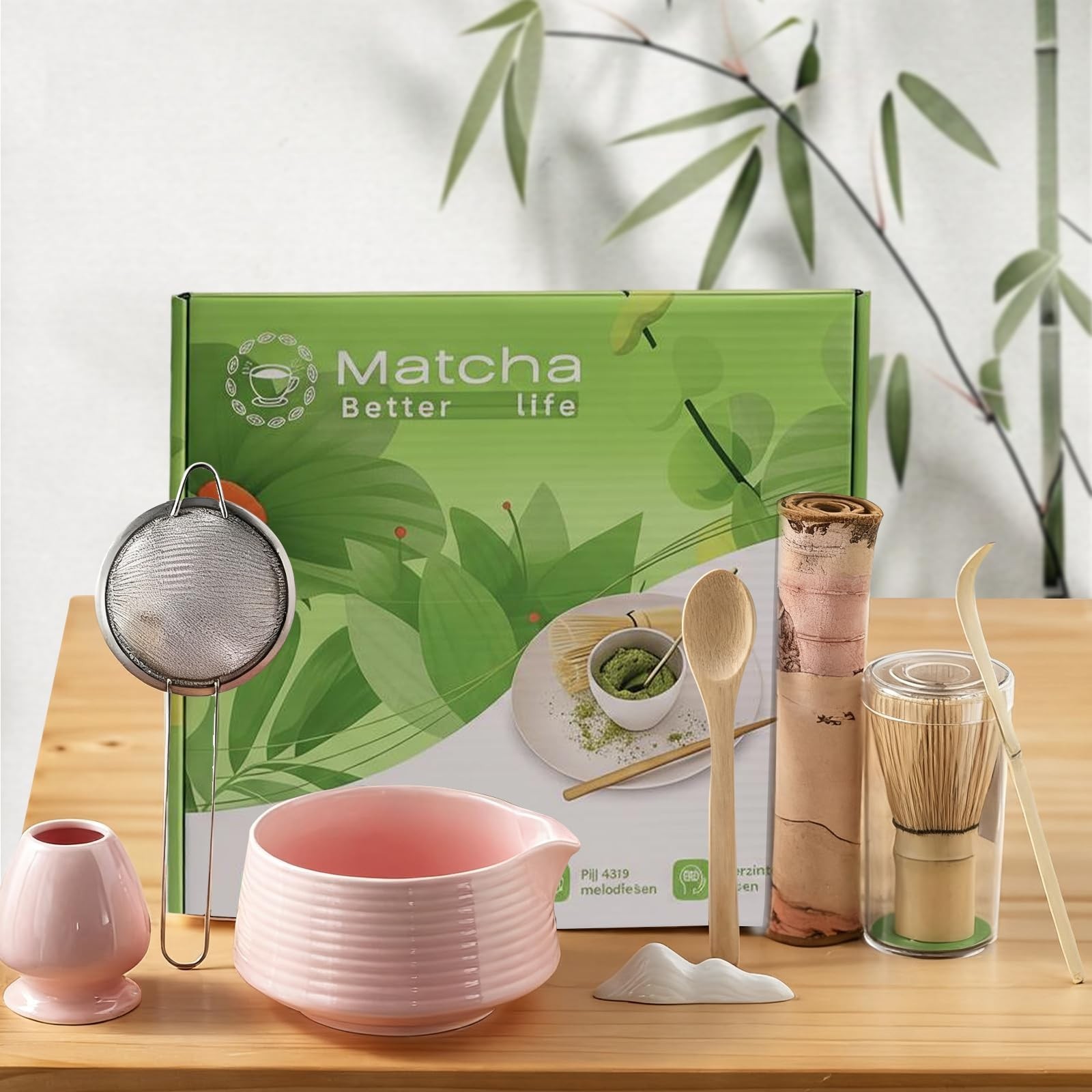 8 Pcs Matcha Whisk Set Chasen Matcha Whisk Bamboo Bowl with Spout Sifter Spoo...