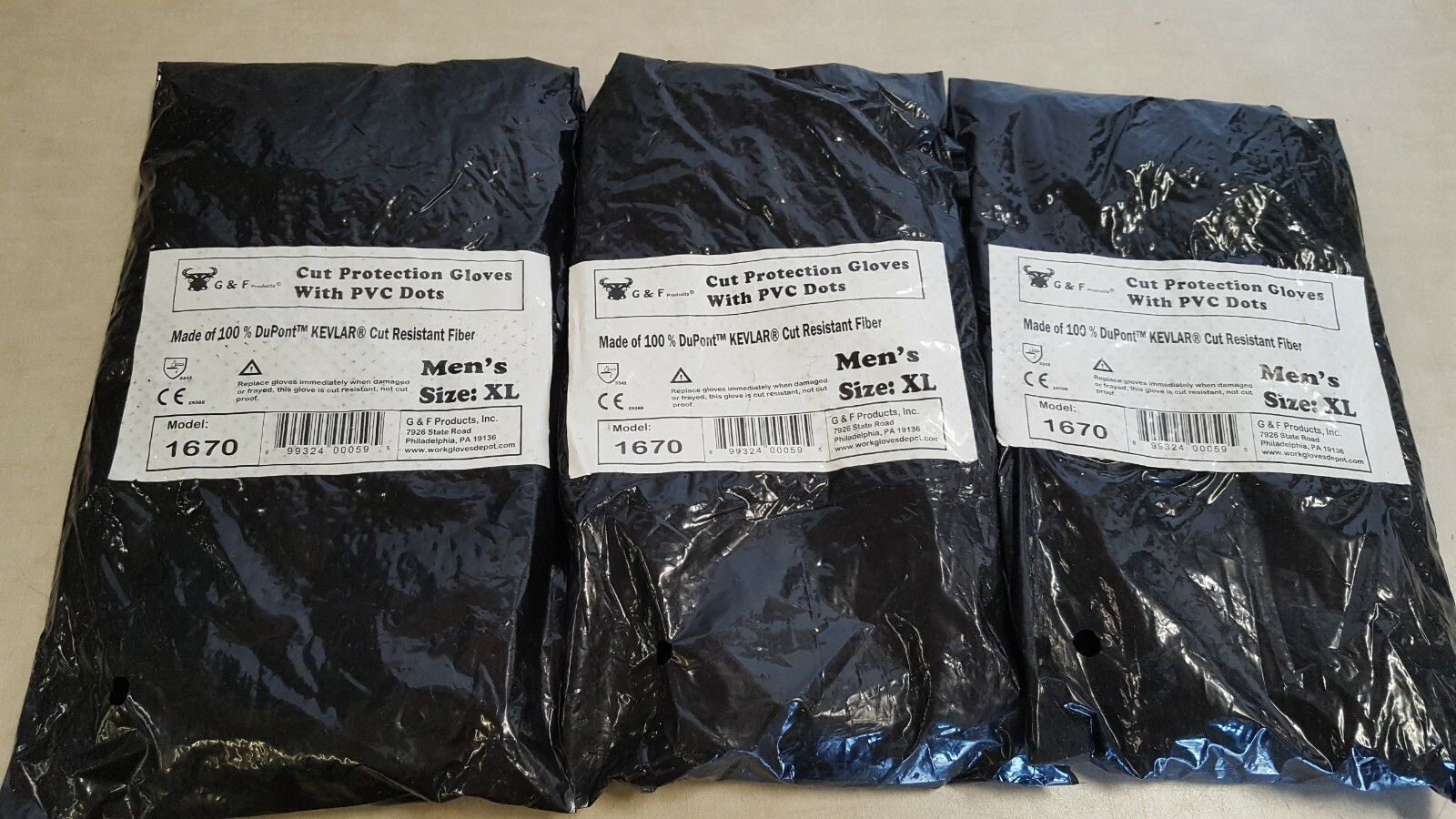 3 Pairs - G&F 1670 Cut Resistant Gloves made with Kevlar -  PVC Dots Both Sides