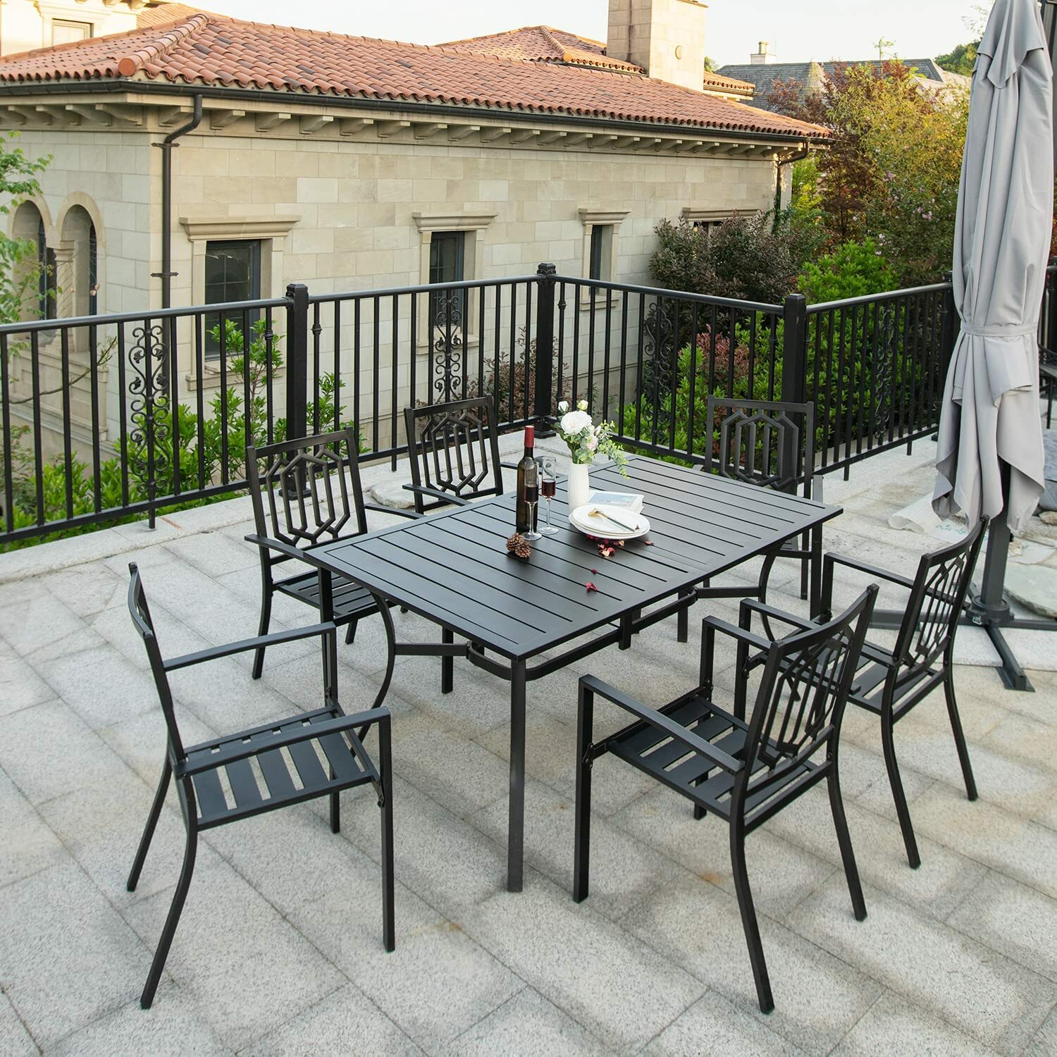 59inch Outdoor Dining Table Metal Rectangular Patio Dining Table w/Umbrella Hole