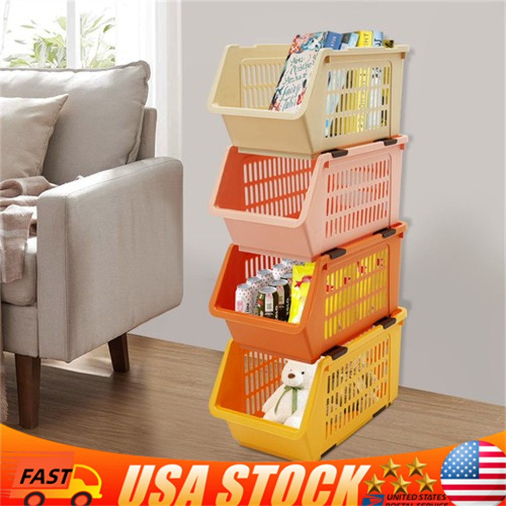 Stackable Plastic Bins - 4pc Large Plastic Organizer Box Cabinets Storage Bins