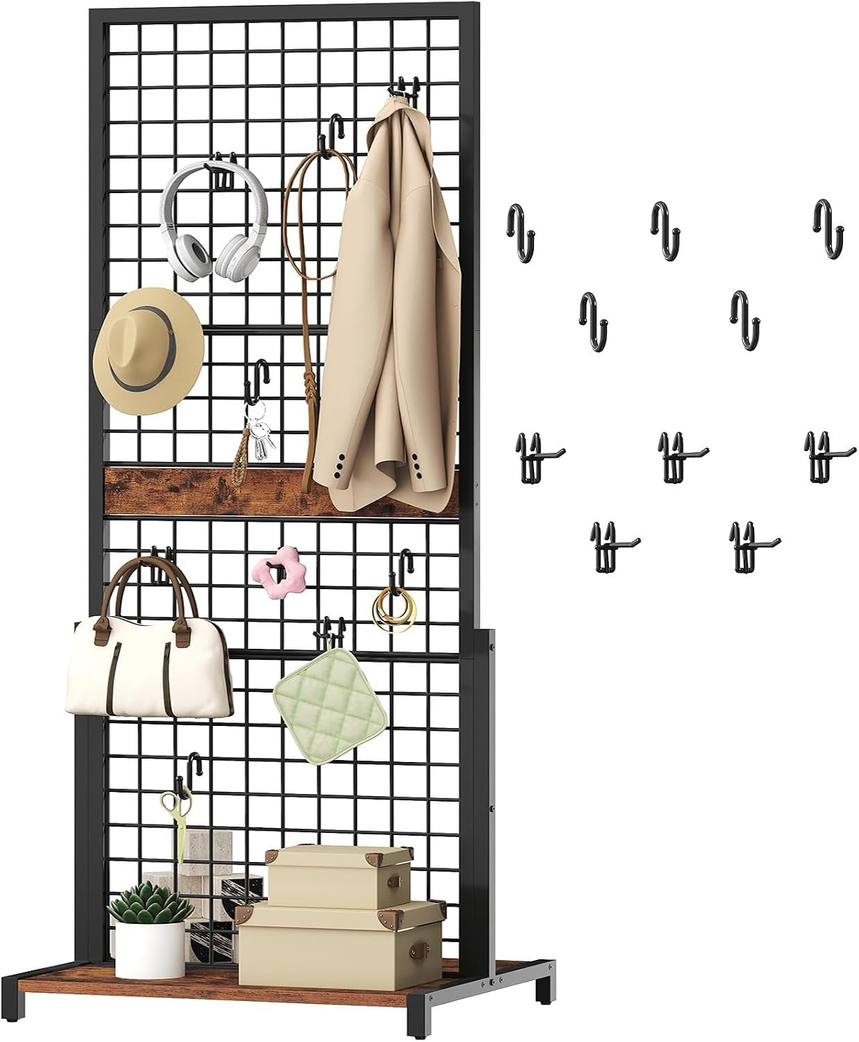 Movable Grid Display Rack 5.6' x 2.1' Ft, Wire Panel Stand with Hooks for Storag