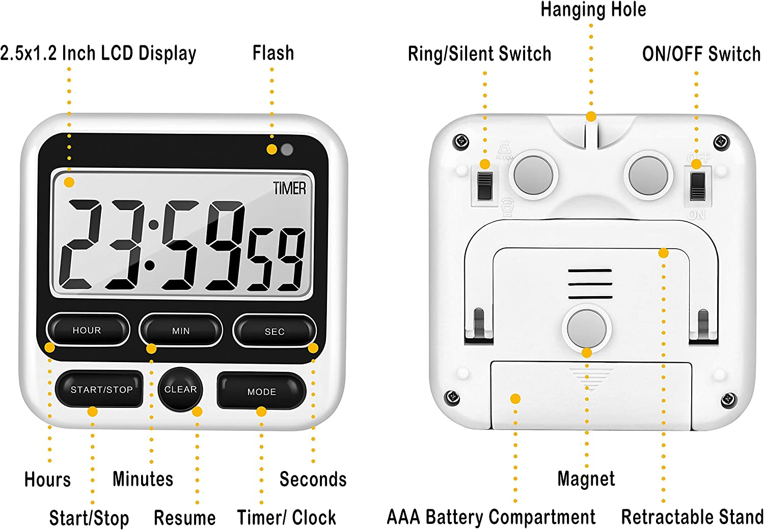 Digital Kitchen Timer with Mute/Loud Alarm Switch 12 Hour Clock Memory Function