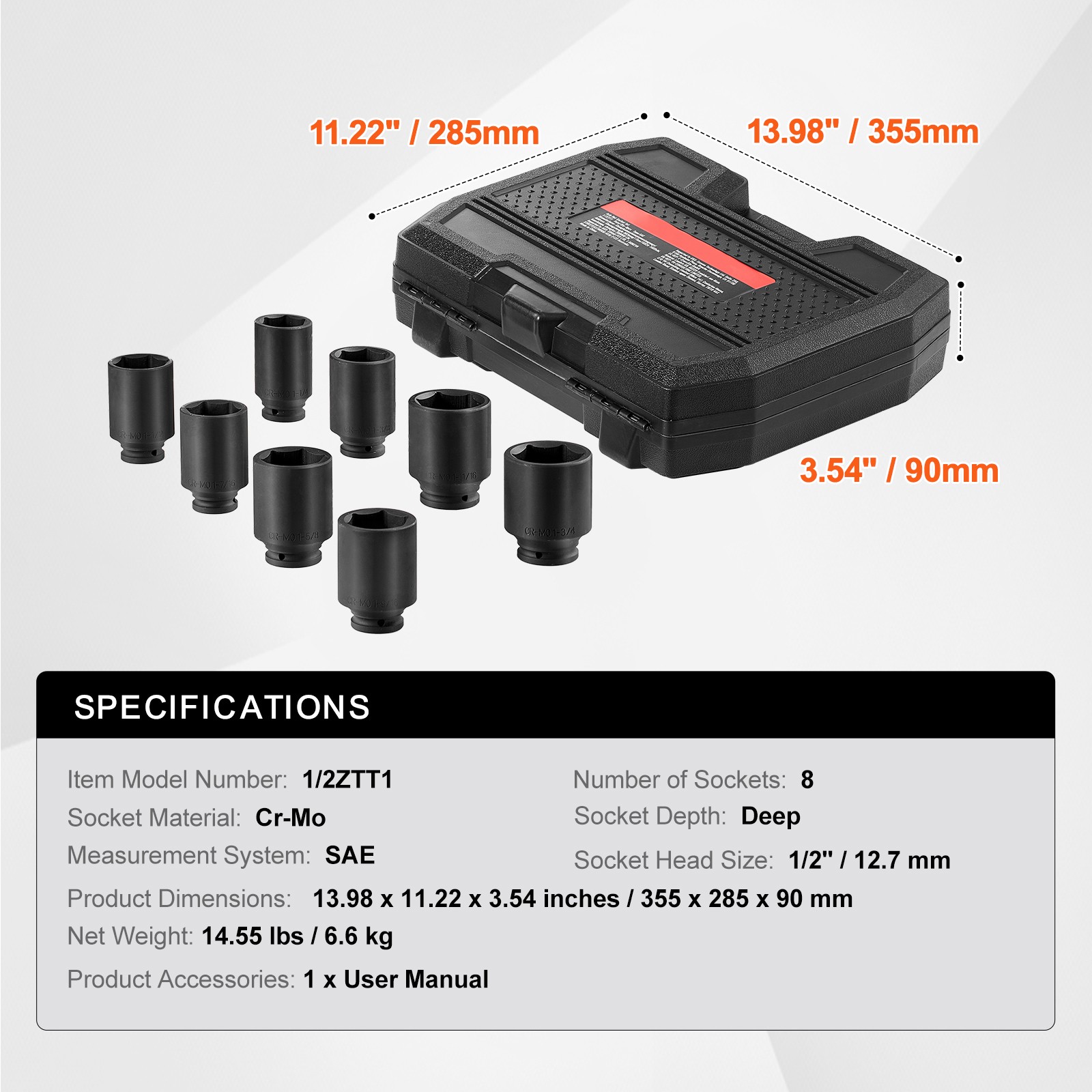 Uimoso 8PCS 1/2" Drive Deep 6-Point SAE Axle Nut Impact Socket Set