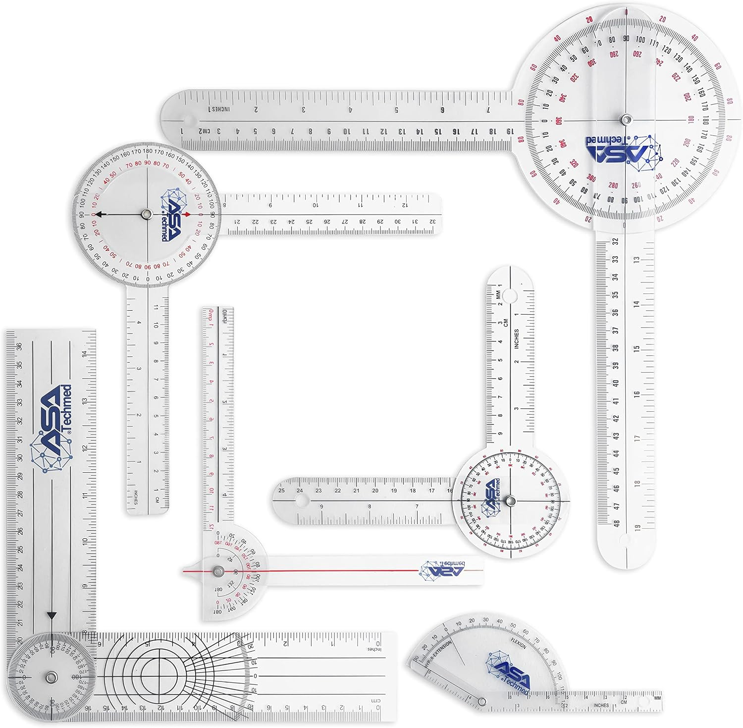 ASA TECHMED 6 Pcs 360° 12, 8 and 6 Inch Medical Spinal Goniometer Angle Protract