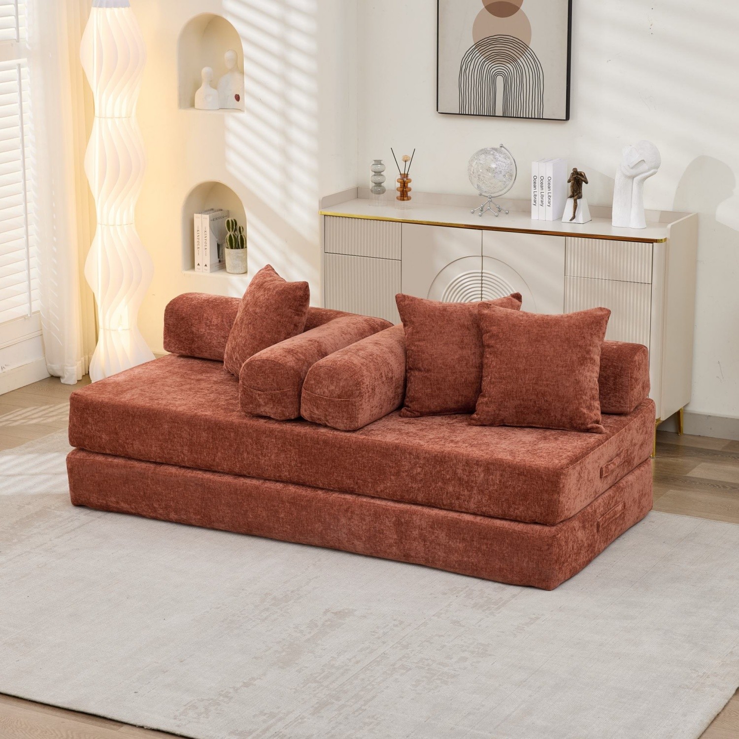 Modern Convertible Floor Sofa Bed Folding Mattress Couch with Armrests & Pillows