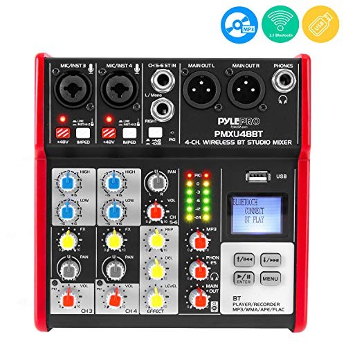 Pyle PMXU48BT 4-Channel Bluetooth Studio Mixer DJ Console (+48V Phantom Power)
