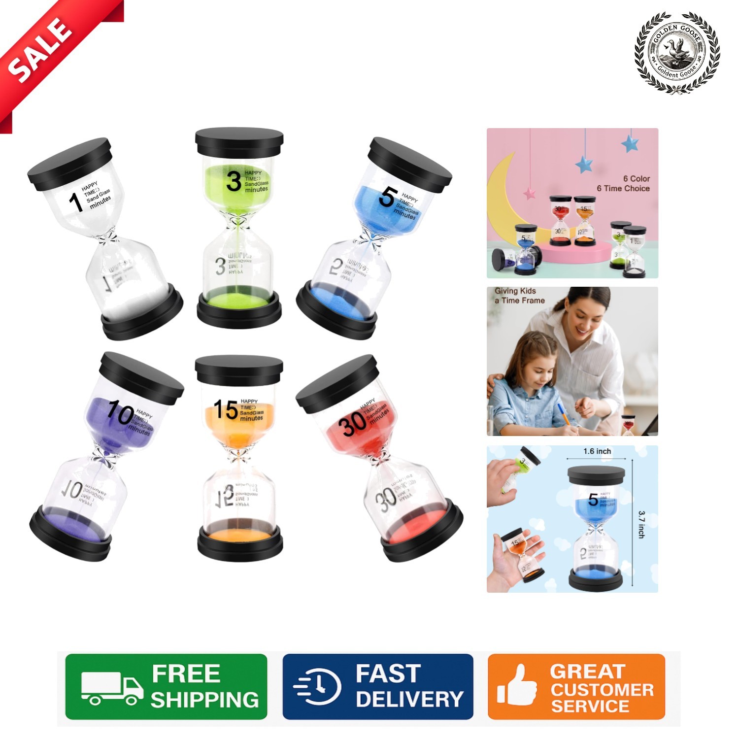 Colorful Hourglass Sand Timers (Pack of 6) for Kids - 1 to 30 Min Settings