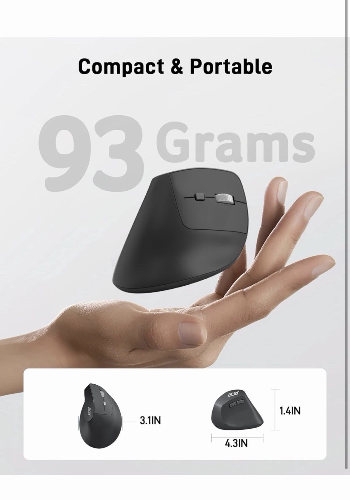 Acer Ergonomic Mouse Wireless, Adjustable DPI Vertical Mouse 1000/1200/1600