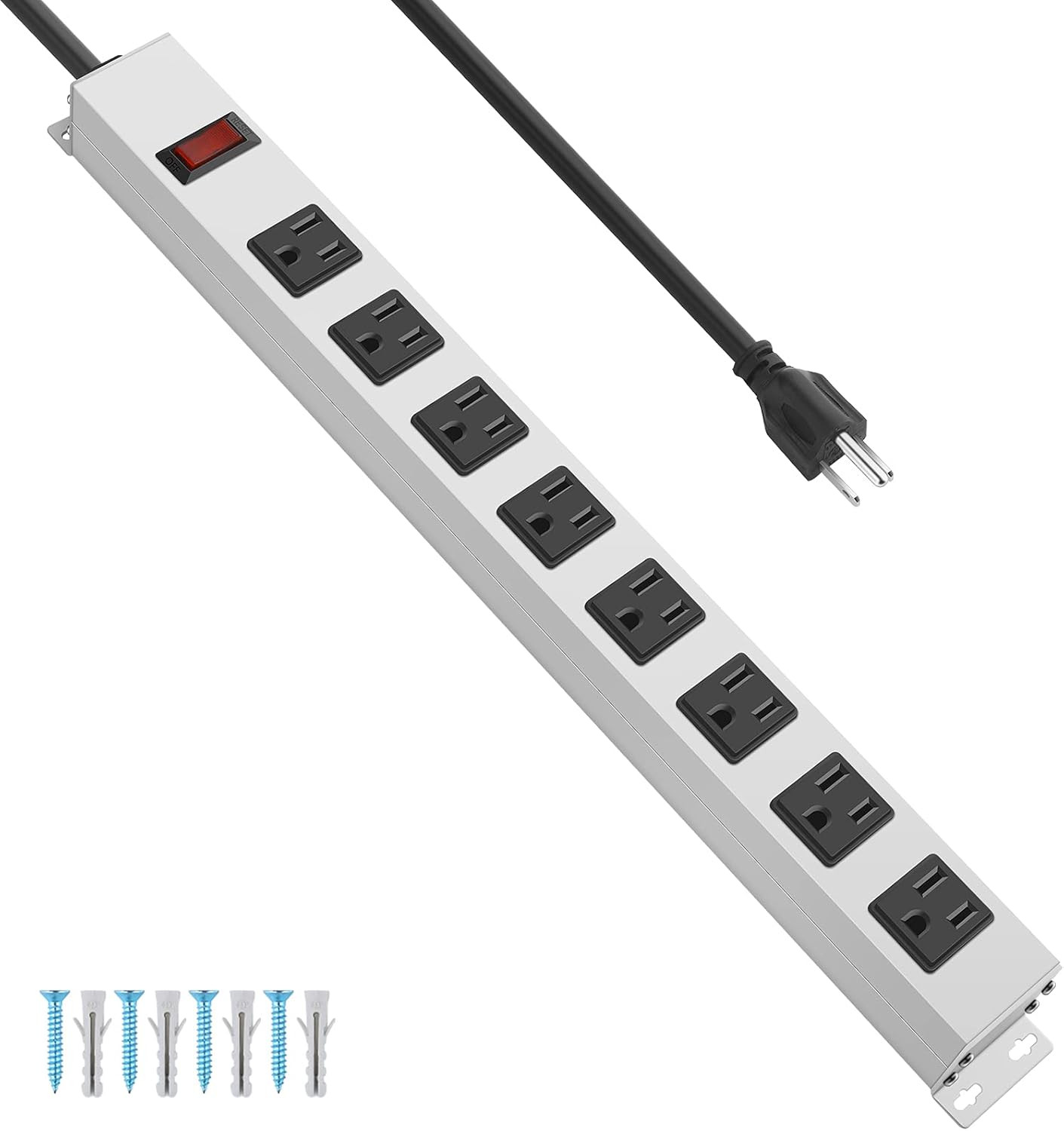 Metal 8 Outlet Power Strip, Mountable Heavy Duty Power Strip, 1200J Surge Protec
