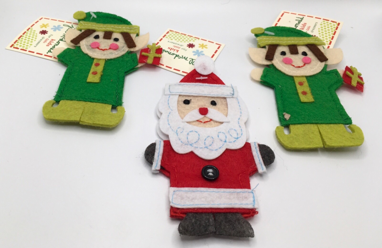Christmas set of 3 felt finger puppets 2 elves 1 Santa Jill McDonald design