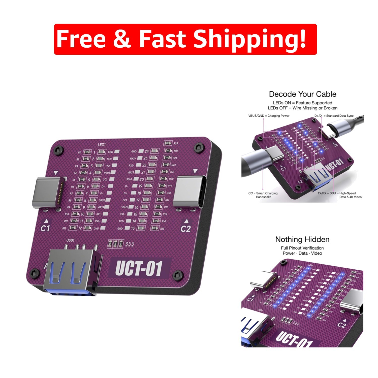 Professional USB Cable Tester & Analyzer - LED Continuity Checker for Type-C ...