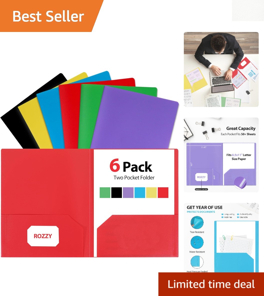 6-Pack Color-Coded Plastic Folders with Business Card Slot - Organize with Ease
