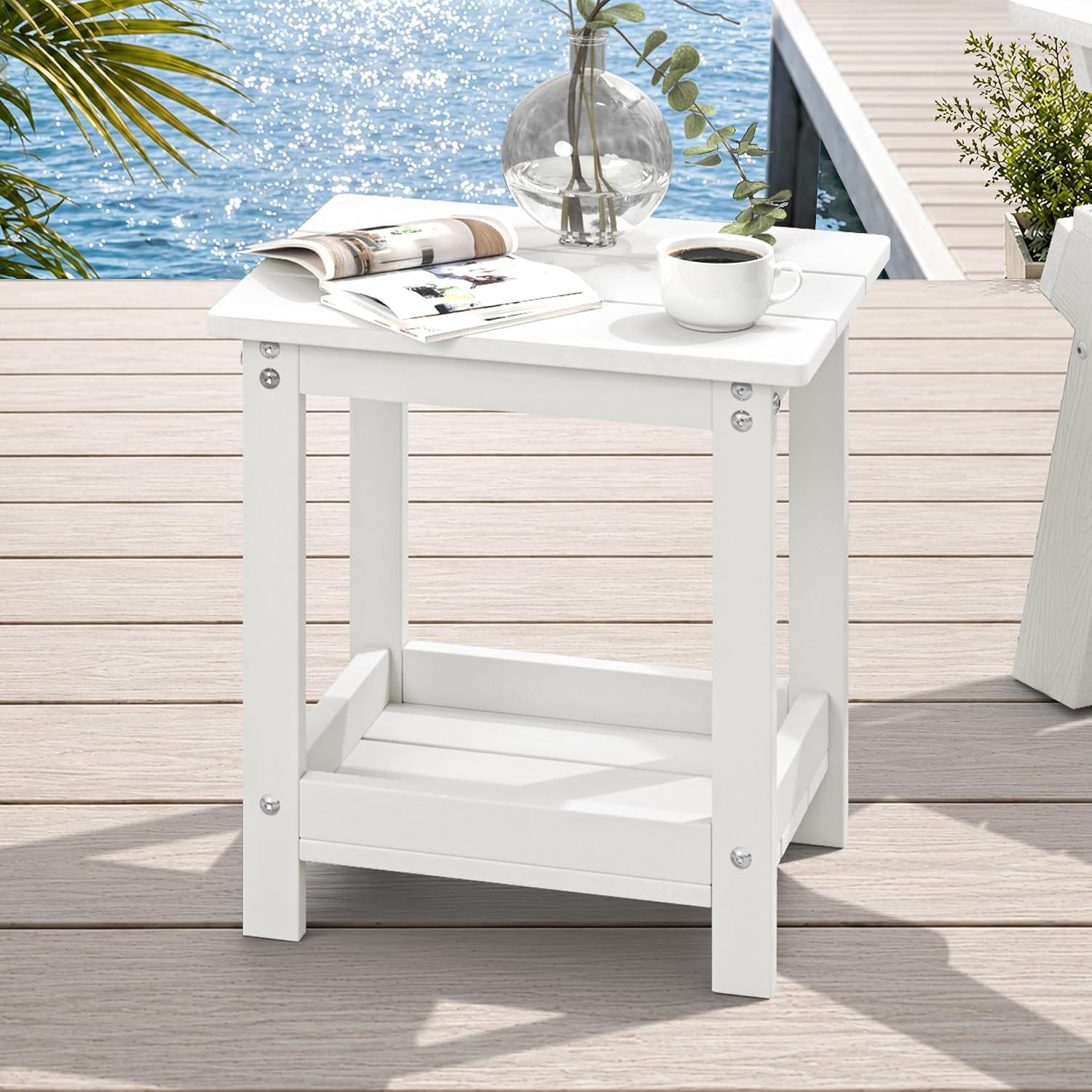 Outdoor Side Table, 2-Tier HDPE Small Outdoor End Table with Rail for Patio, Dec