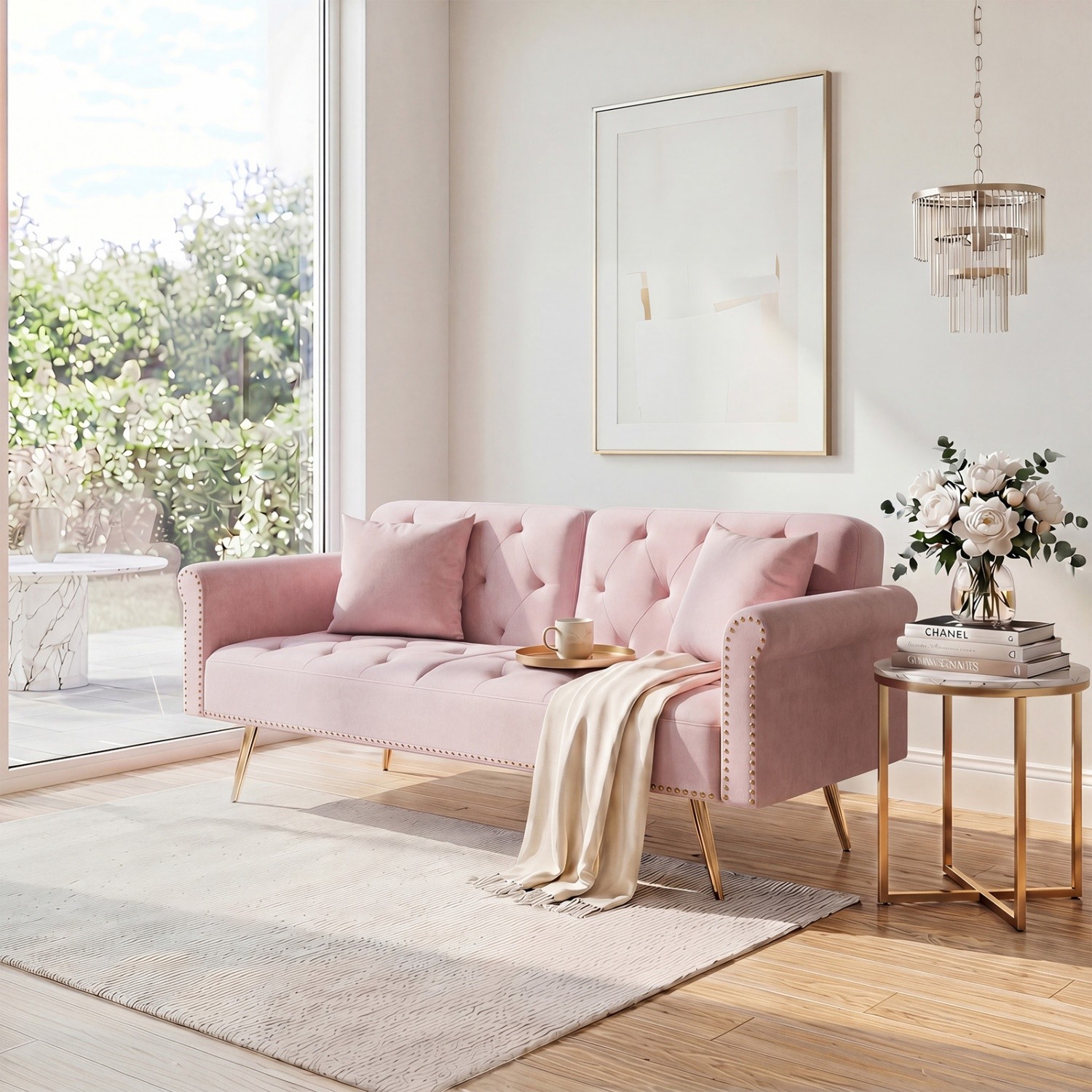 Convertible Sleeper Sofa Bed Pink Velvet Folding Recliner Sofa with Metal Legs