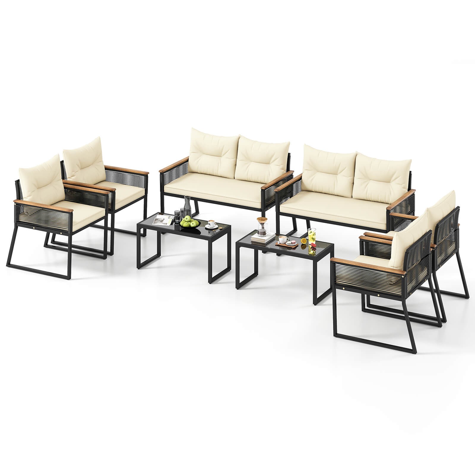 8 PCS Patio Furniture Set w/Tempered Glass Coffee Table PE Wicker Rattan Chairs