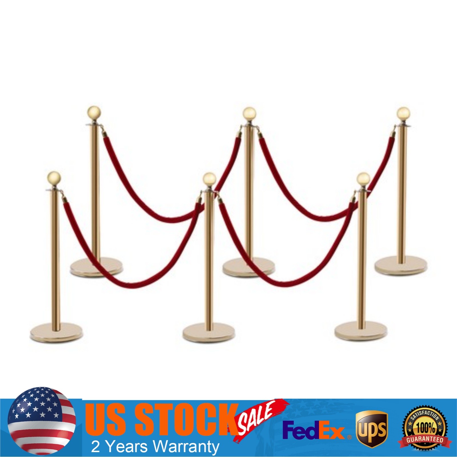 6Pcs Golden Stanchion Posts w/ 4 Velvet Ropes Crowd Control Queue Pole Barrier!