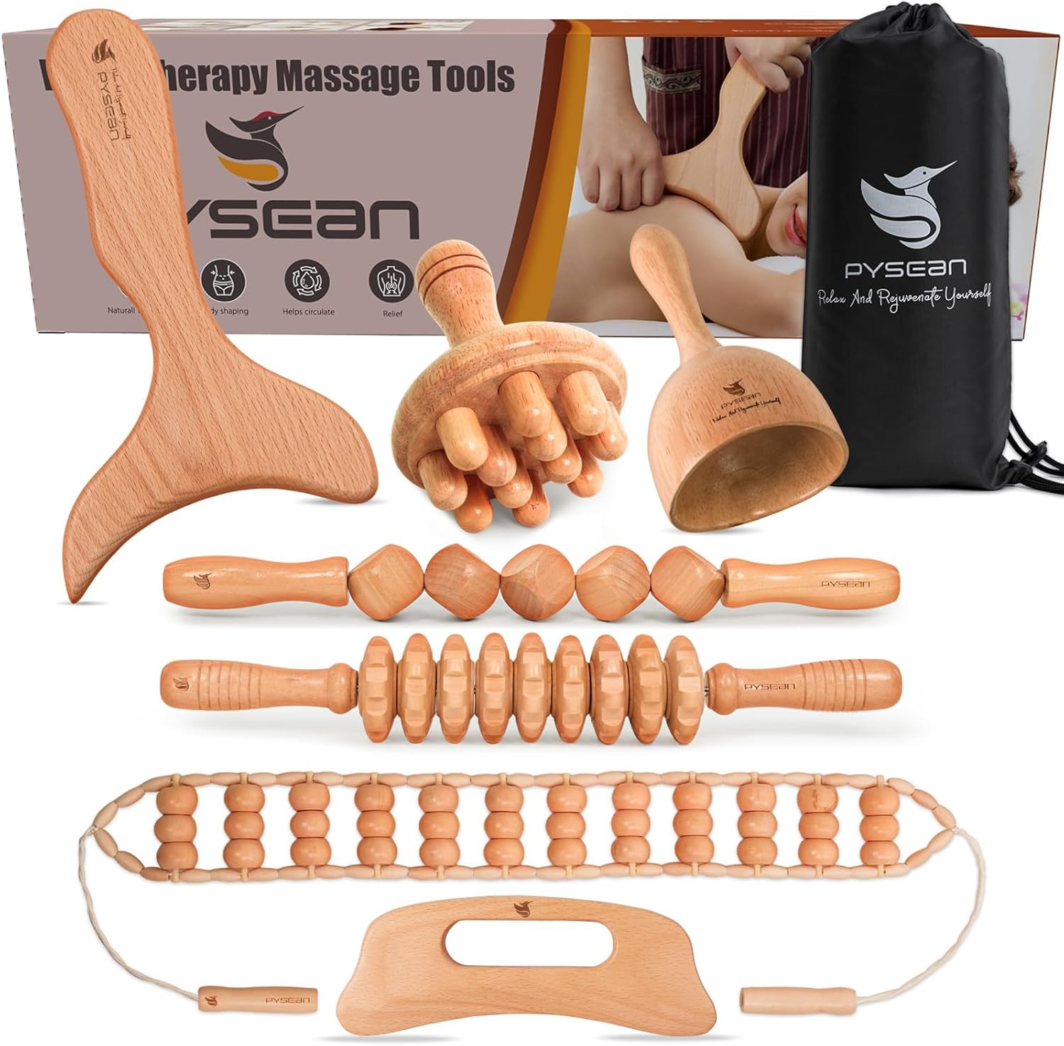 Wooden Massage Tool Set, 7-Piece Body Massage Kit for Home Use, Manual Included