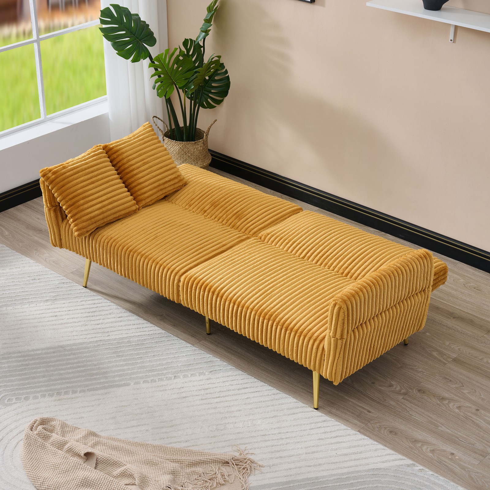 79 inch corduroy sofa bed, foldable double sofa bed with folding armrests, sui