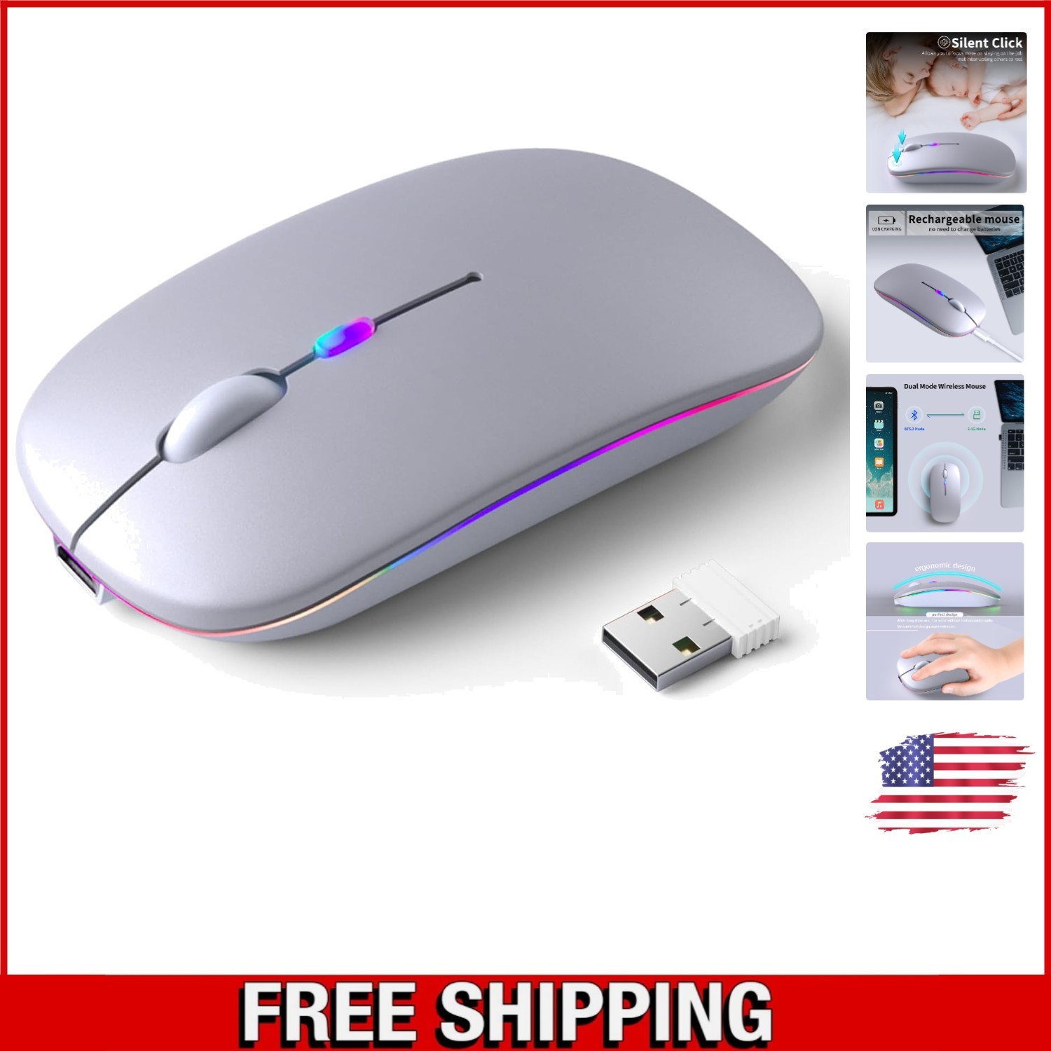 Elegant Silver Bluetooth Mouse with 7-Color LED Lights - Rechargeable & Wireless