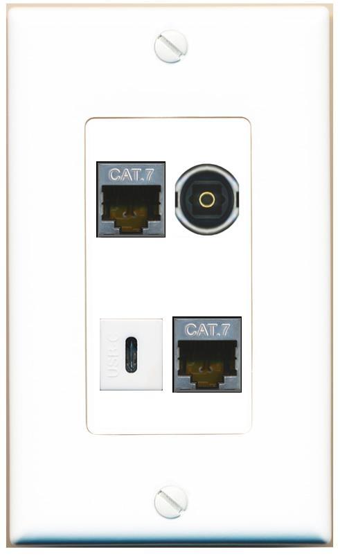 [4 Ports] 2 CAT7 TOSLINK USBC Wall Plate DecorZ White
