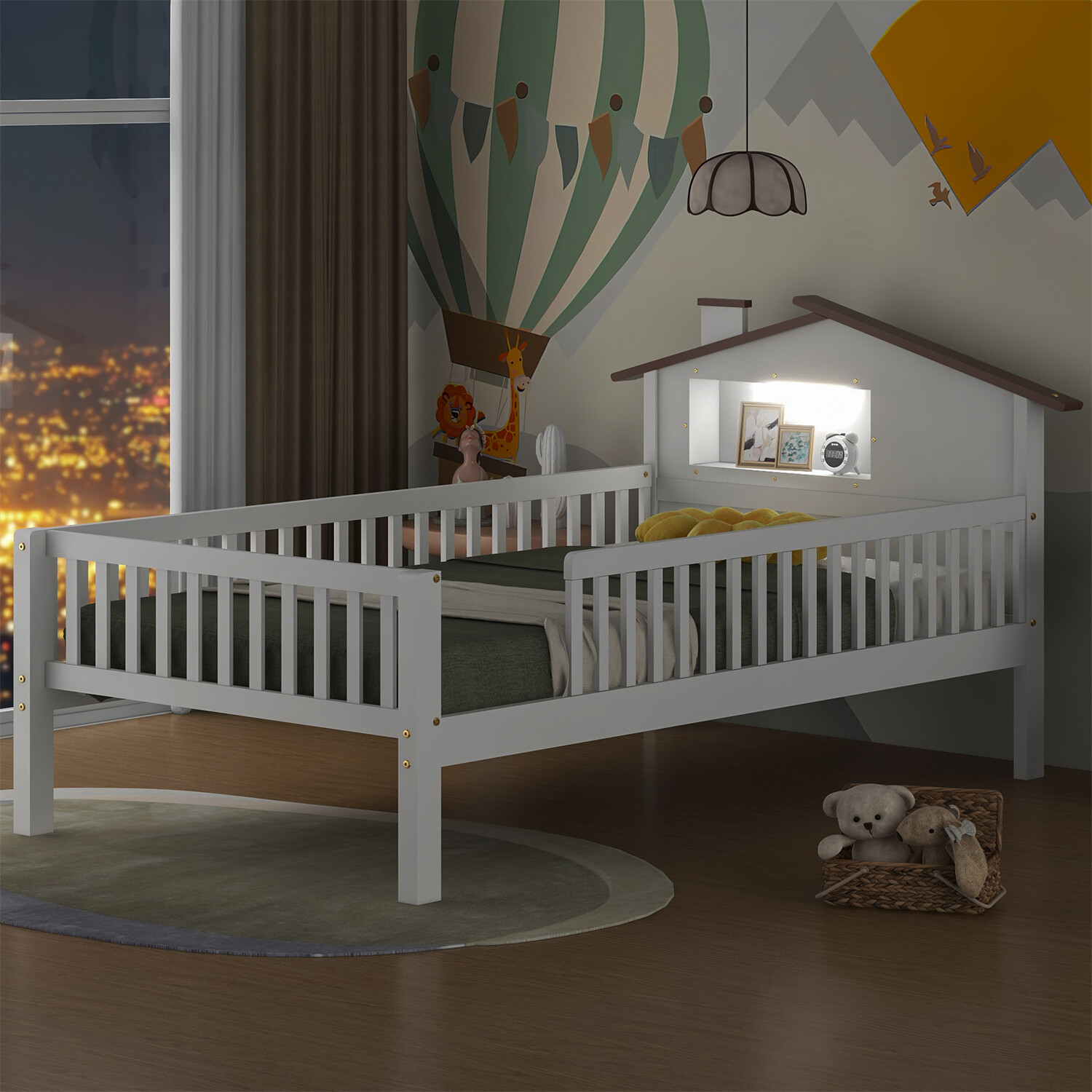 Twin/Full Size Bed Frame Wood Platform Bed with Storage Headboard White/Natural