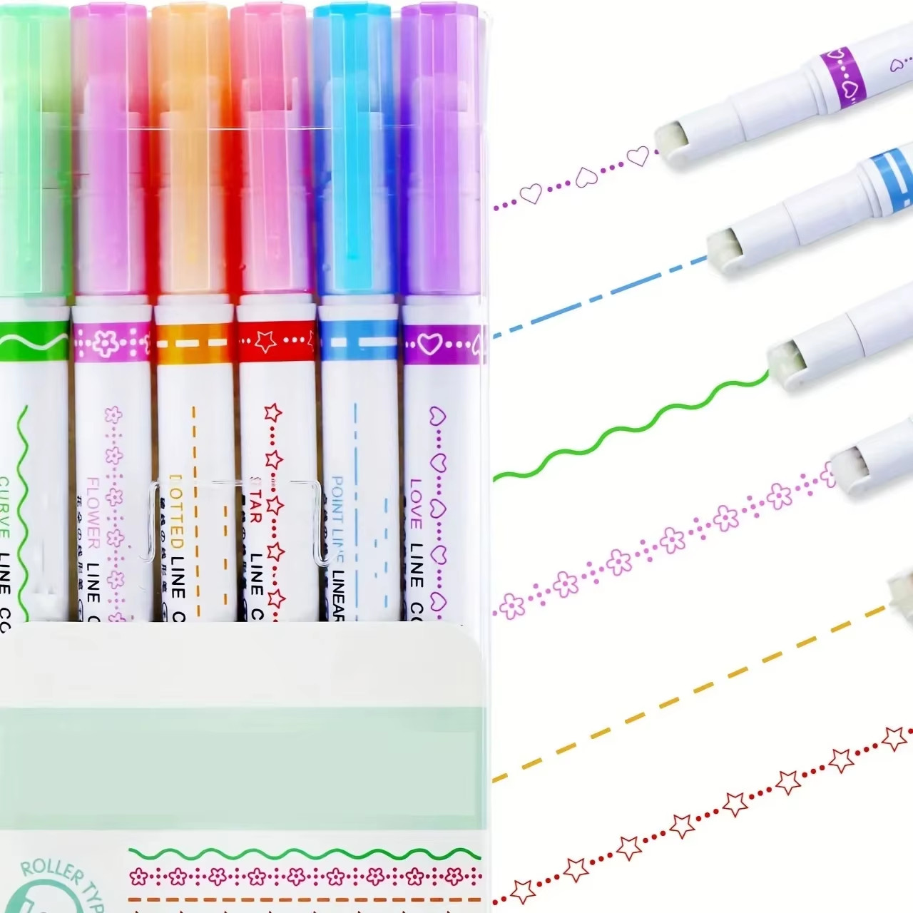 6Pcs/Set Kawaii Flowers Line Shaped Highlighter Pens Roller Tip Curve Liner Mark