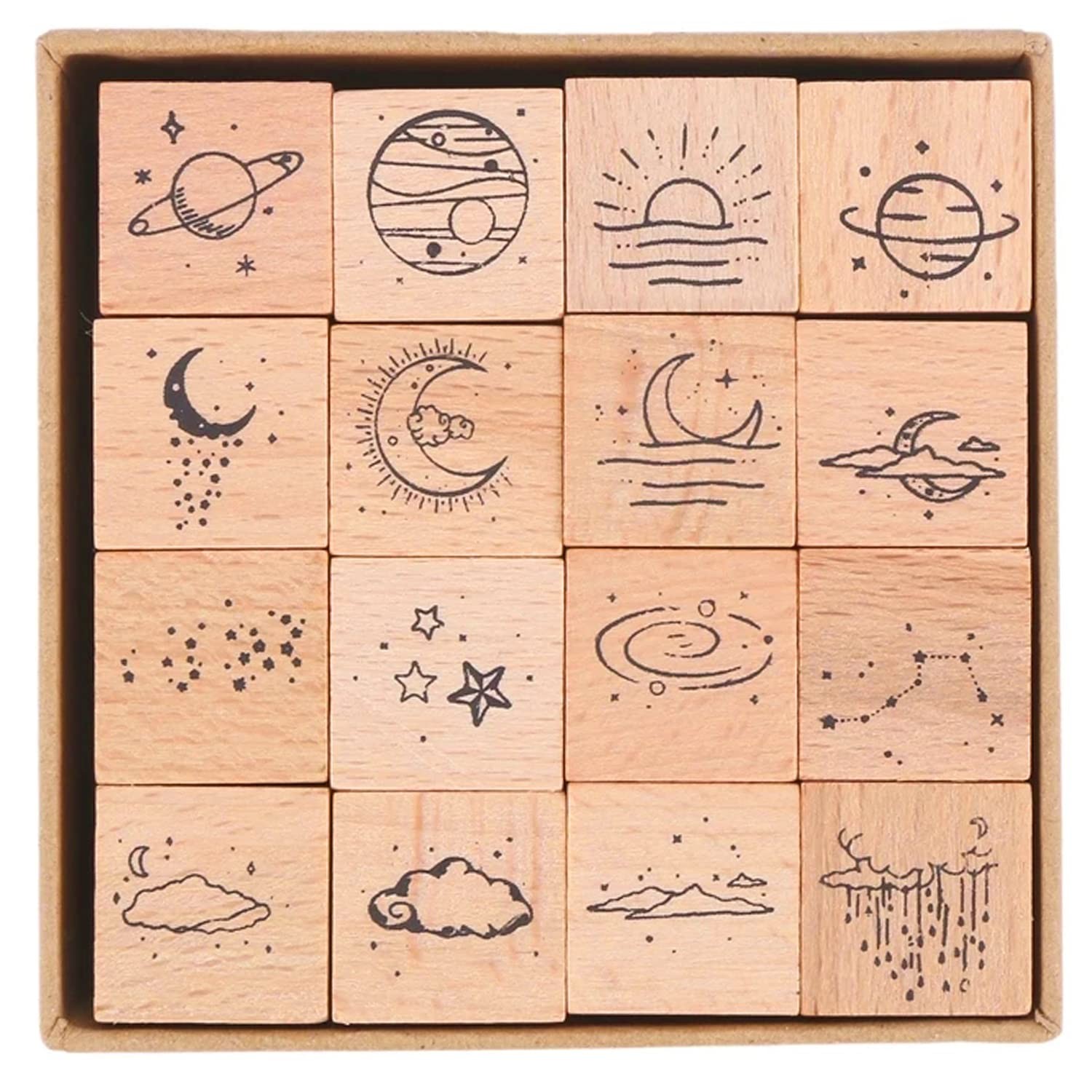 16 Pcs Planet Moon Stars Cloud Wooden Rubber Stamp Set Vintage Planet Moon Cl...