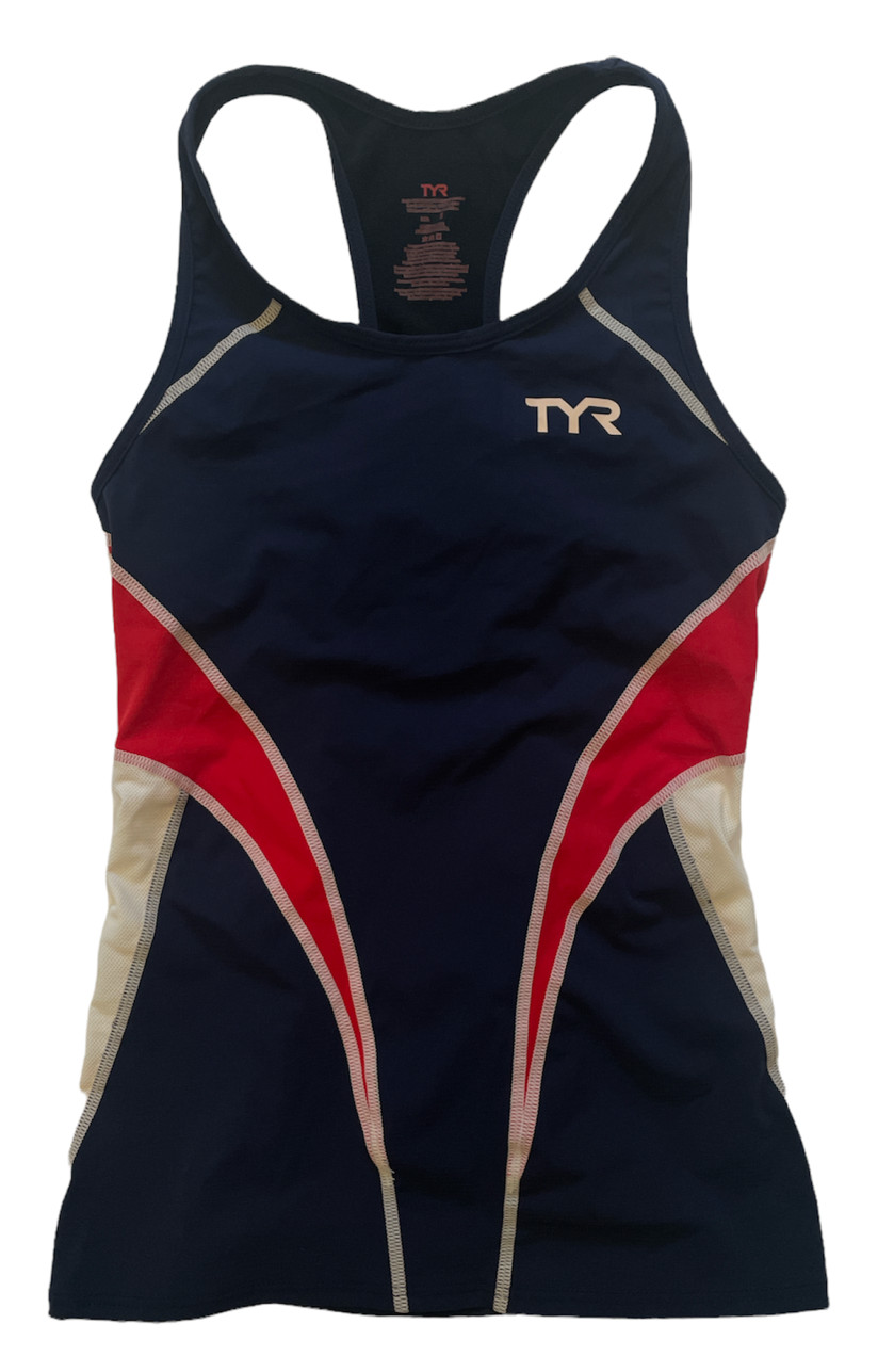 TYR Triathlon Women's Medium Navy Red Tank Singlet With Bra TRI COMPETITOR New