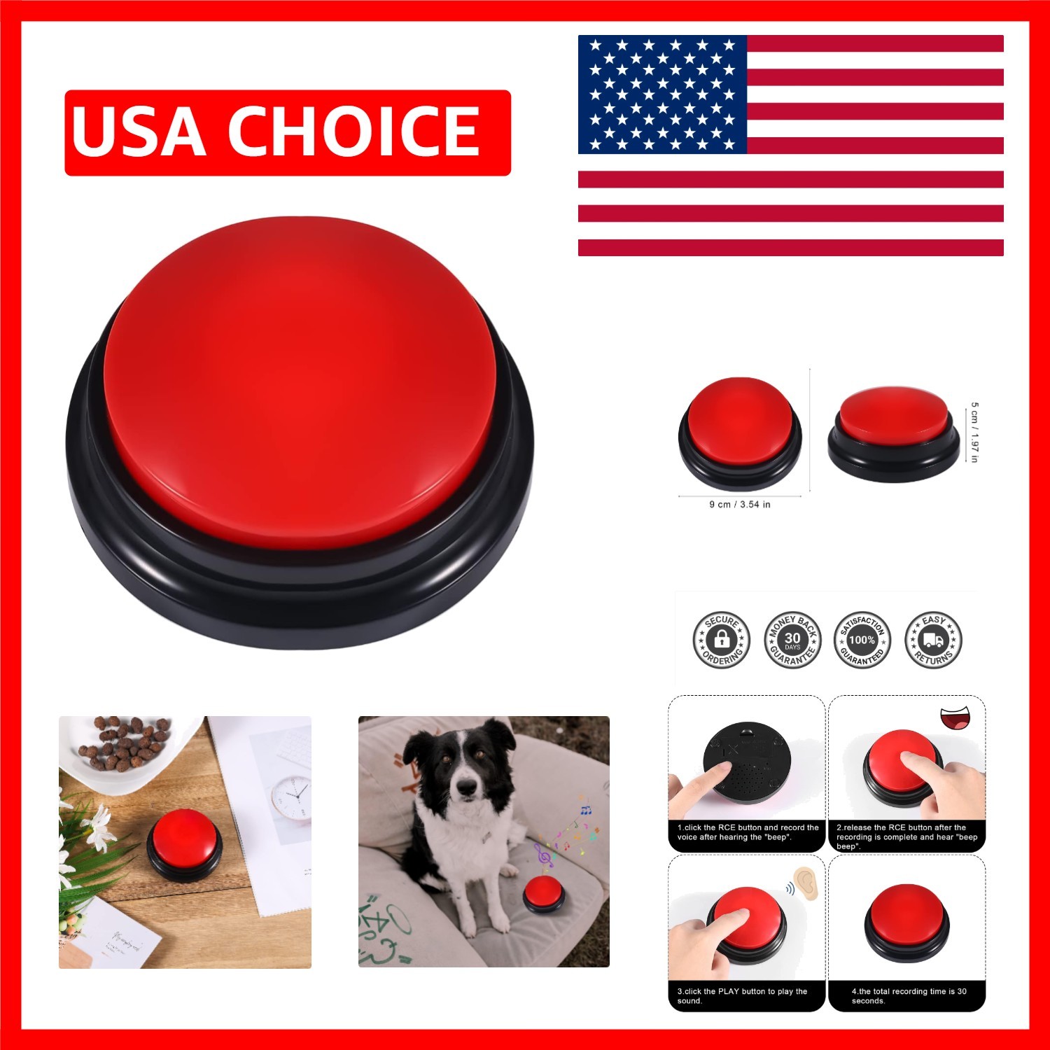 Pet Communication Button for Dogs - 30 Sec Voice Recording, Red Durable Device