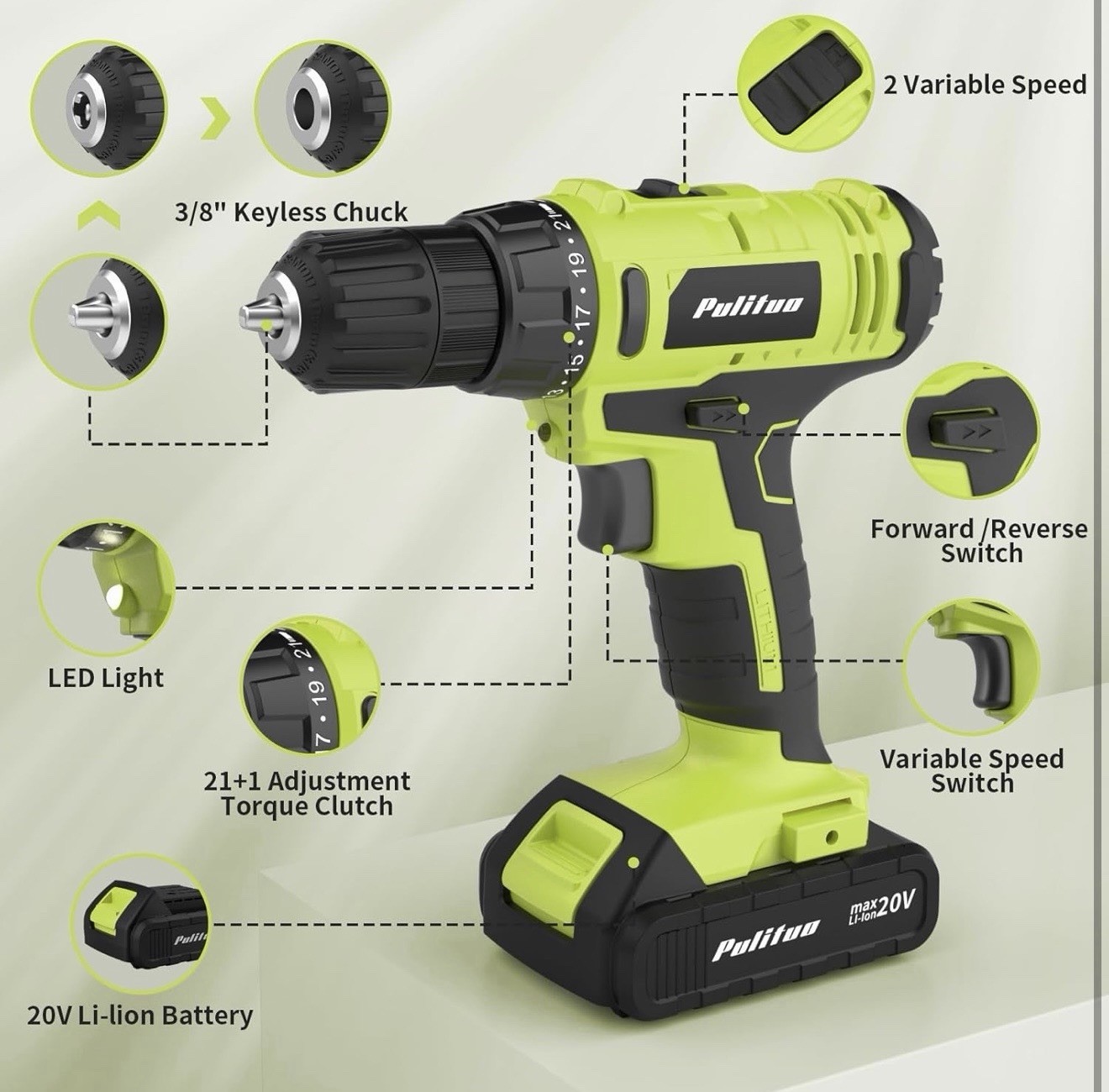 Complete 20V Electric Drill Screwdriver Kit Rechargeable Batteries LED Light New