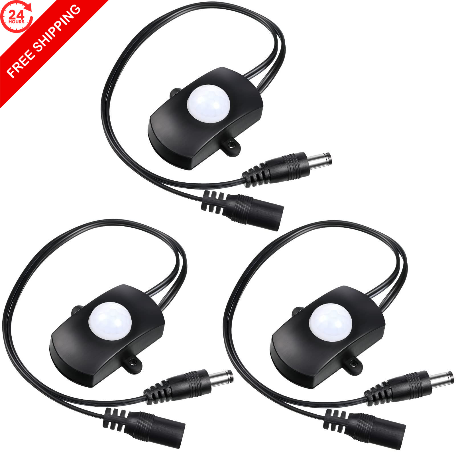Hortsun 3 Pieces DC 5V-24V 5A PIR Motion Activated Sensor Light Switch Black