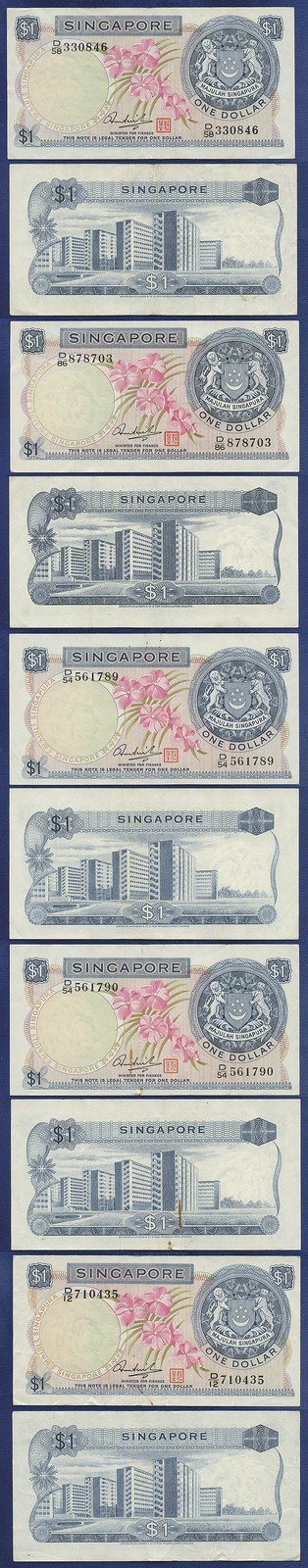 SINGAPORE 1 DOLLAR NOTES ALL VERY FINE OR BETTER D12 D54 D54 D58 D86 - 5 NOTES