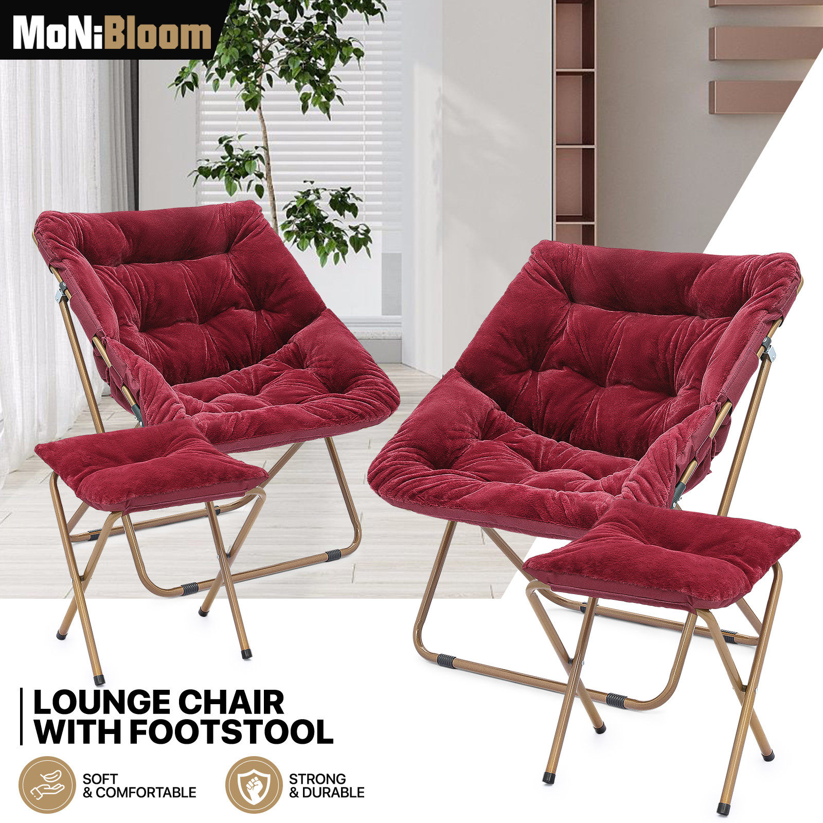 Red 2 Pcs Folding Faux Fur Saucer Cozy Chair Oversized Upholstery Seat w/Ottoman