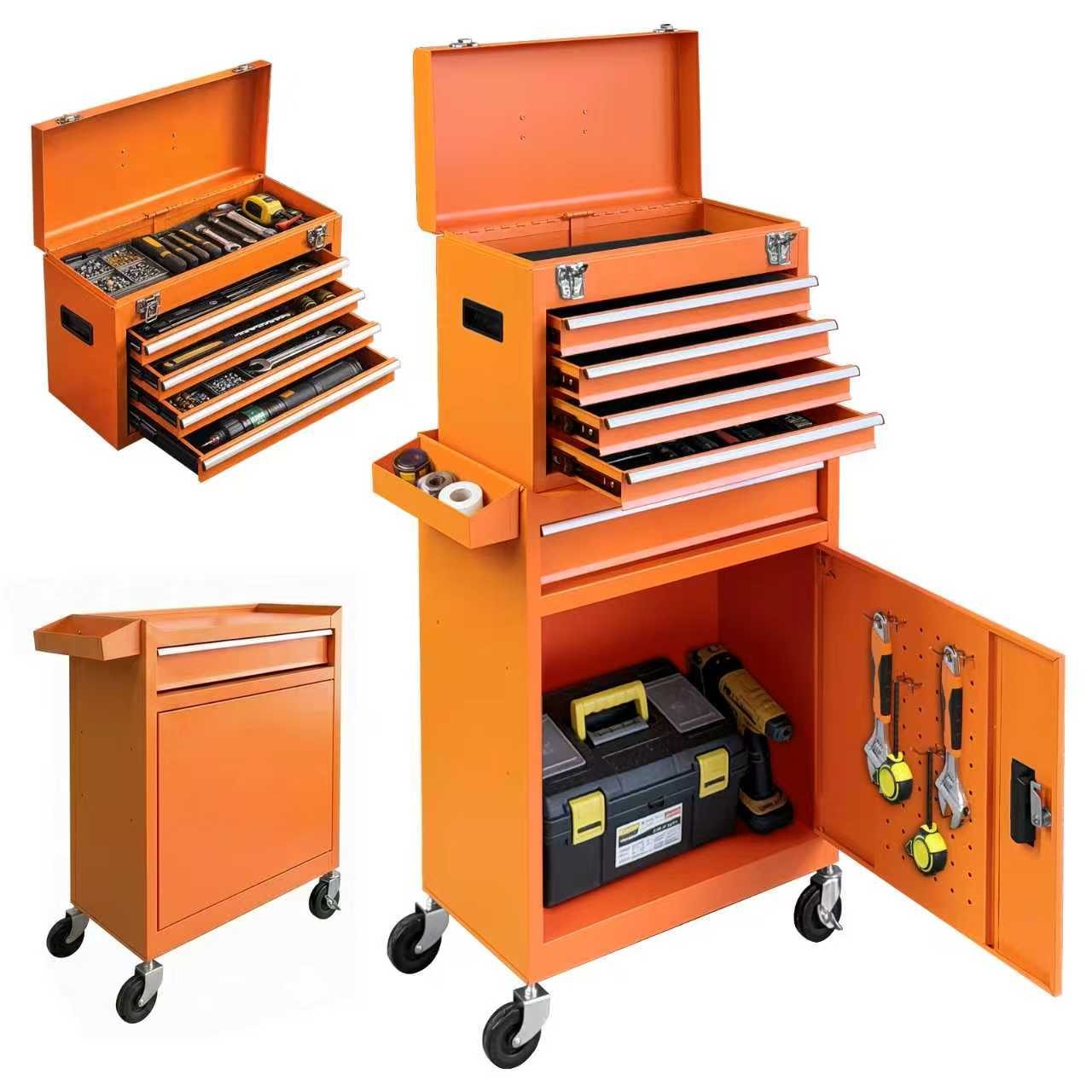 5-Drawer 2-in-1 Rolling Tool Chest Cabinet Storage Organizer w/ Side Tray Orange