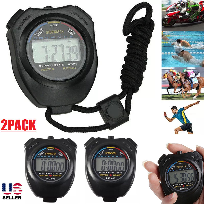 2Pcs Digital Stopwatch Sports Counter Chronograph Date Timer Odometer Watch USA
