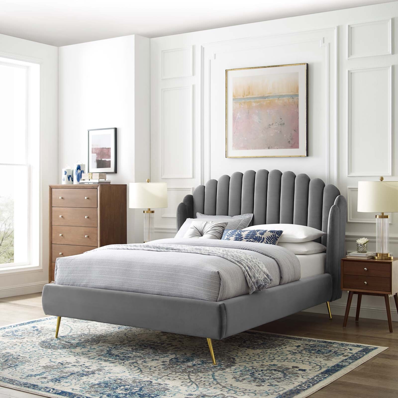 Modway Lana Performance Velvet Queen Wingback Platform Bed in Gray