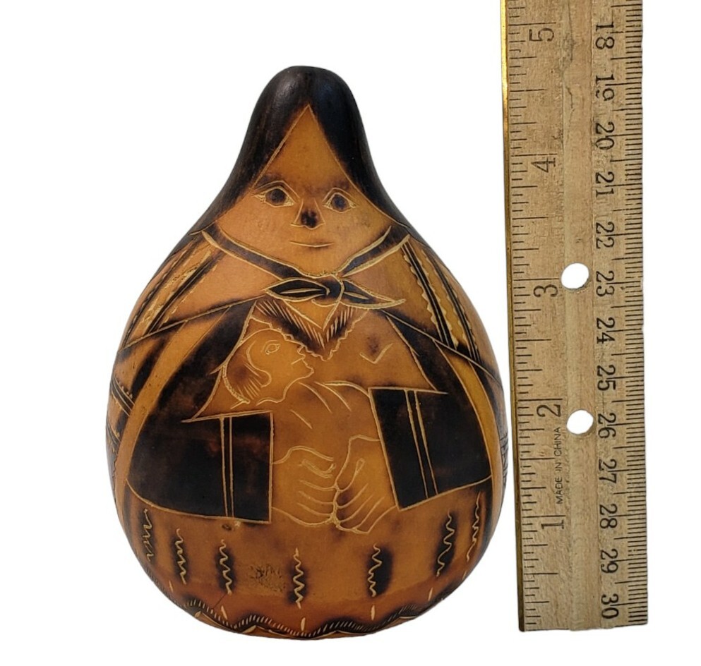 Vintage Gourd Art Hand Carved Real Gourd 5" Peru Peruvian Inca Mayan Madonna