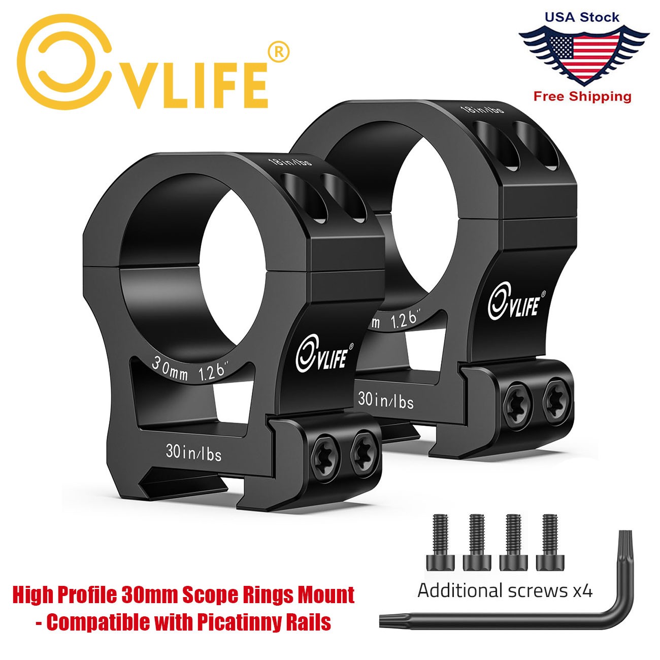 30mm High Profile Precision Scope Rings Mount - Compatible with Picatinny Rails